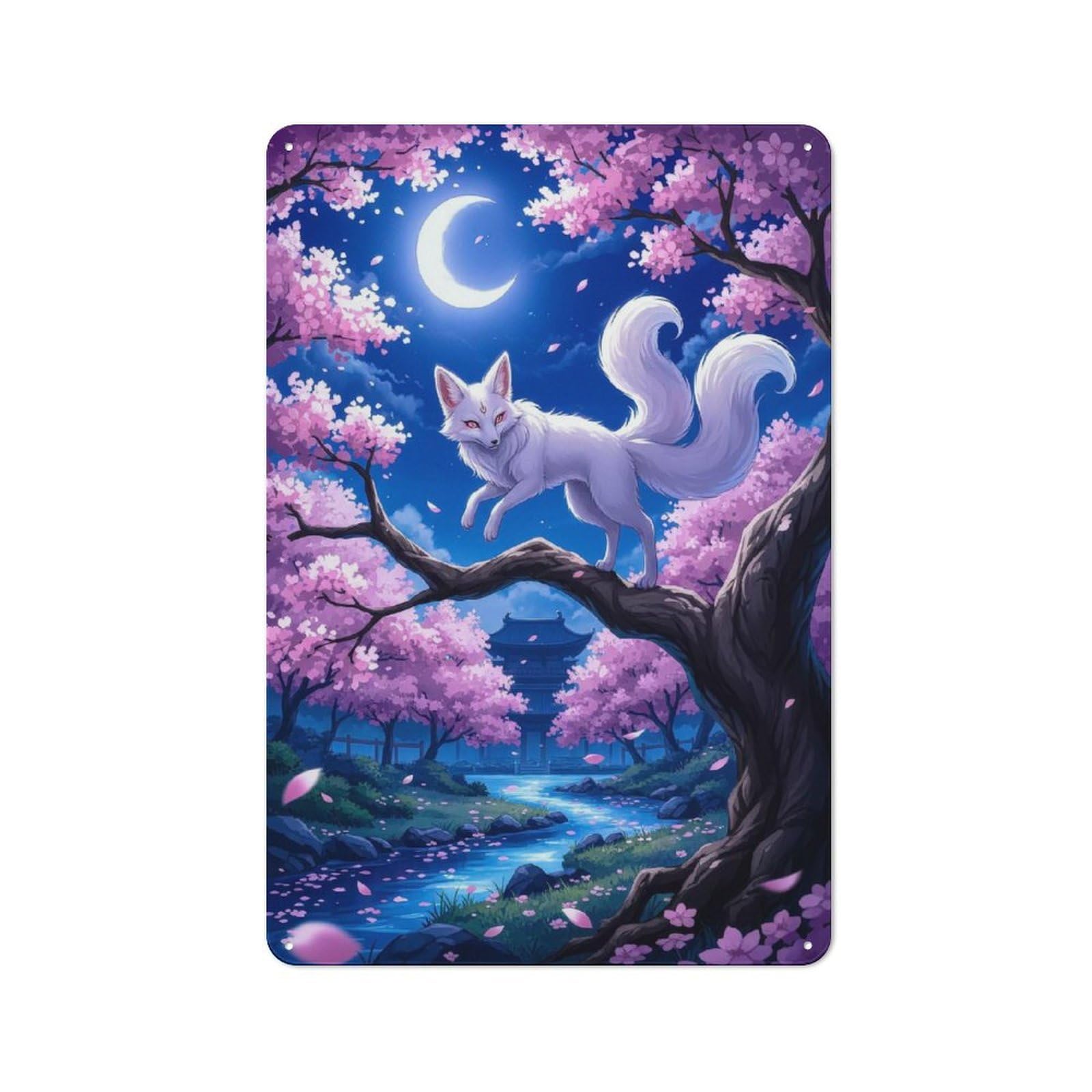 Garage Style Nine-tailed Fox in Blossom Decorative Metal Plaque 30x20cm, Garage Wall Decor for Workshop, Basement, Shed Or Games Room