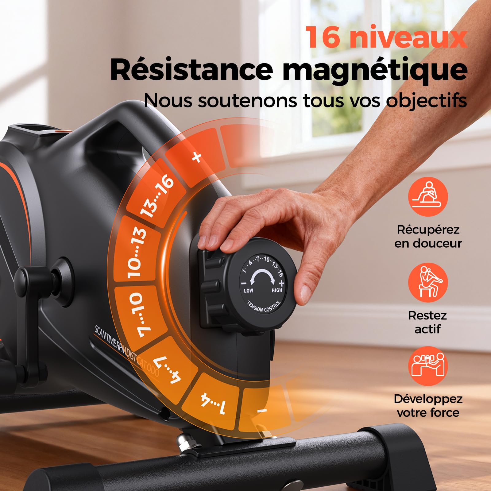 YOSUDA Vélo d‘Appartement Mini avec 16 Niveaux de Résistance Réglable, Pedalier avec 2 Bandes de Résistance et Tapis Antidérapant, Silencieux pour Le Bureau et la Maison