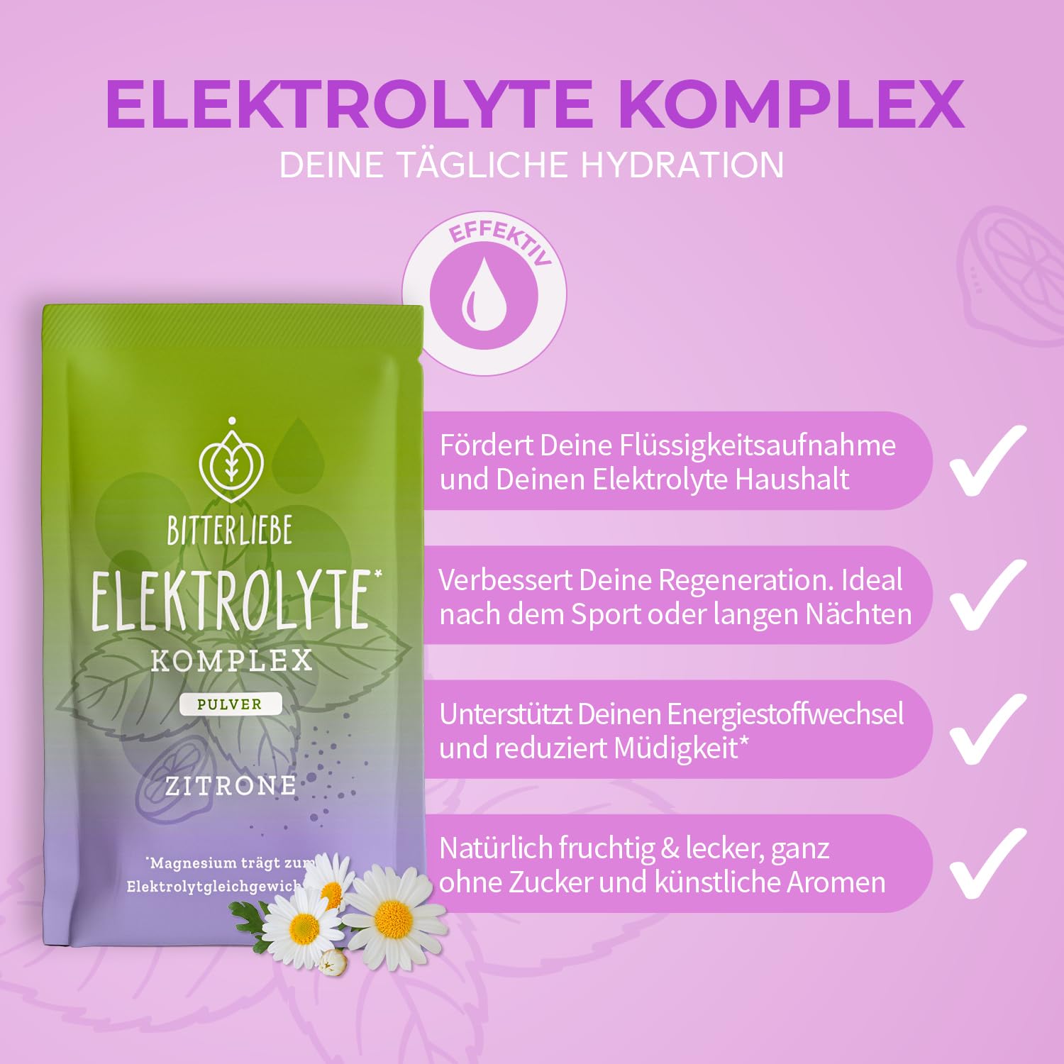 BitterLiebe Elektrolyte Komplex - Elektrolyt Pulver ohne Zucker - Unterstützt Flüssigkeitshaushalt & Elektrolytgleichgewicht - Ideal bei Sport & Kater mit Kalium und Magnesium - Zitrone - 1x200g - 2