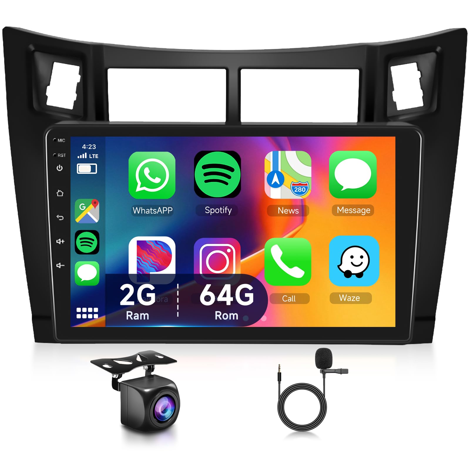 2GB 64GB Android Autoradio per Toyota Yaris 2005-2011 con Wireless Carplay Android Auto, Hodozzy 9 Pollici Touch Screen Auto Stereo GPS WiFi, Bluetooth FM/RDS Retromarcia 2 Din Radio per Toyota Yaris