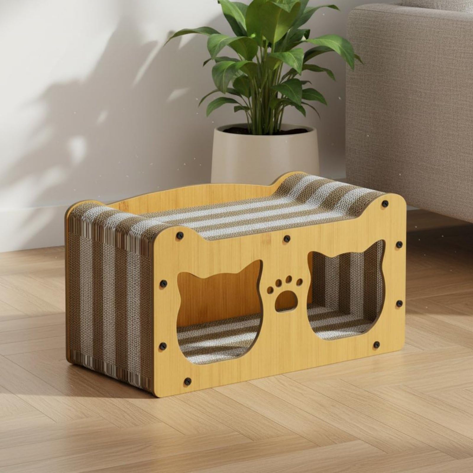 Jiuvaso Casa Tiragraffi per Gatti Rifugio Cuccia con Due Fori E Superficie Tiragraffi in Cartone Ondulato Struttura Stabile per Riposo E Adatta a Appartamenti, Bicolore, 56x30x29cm