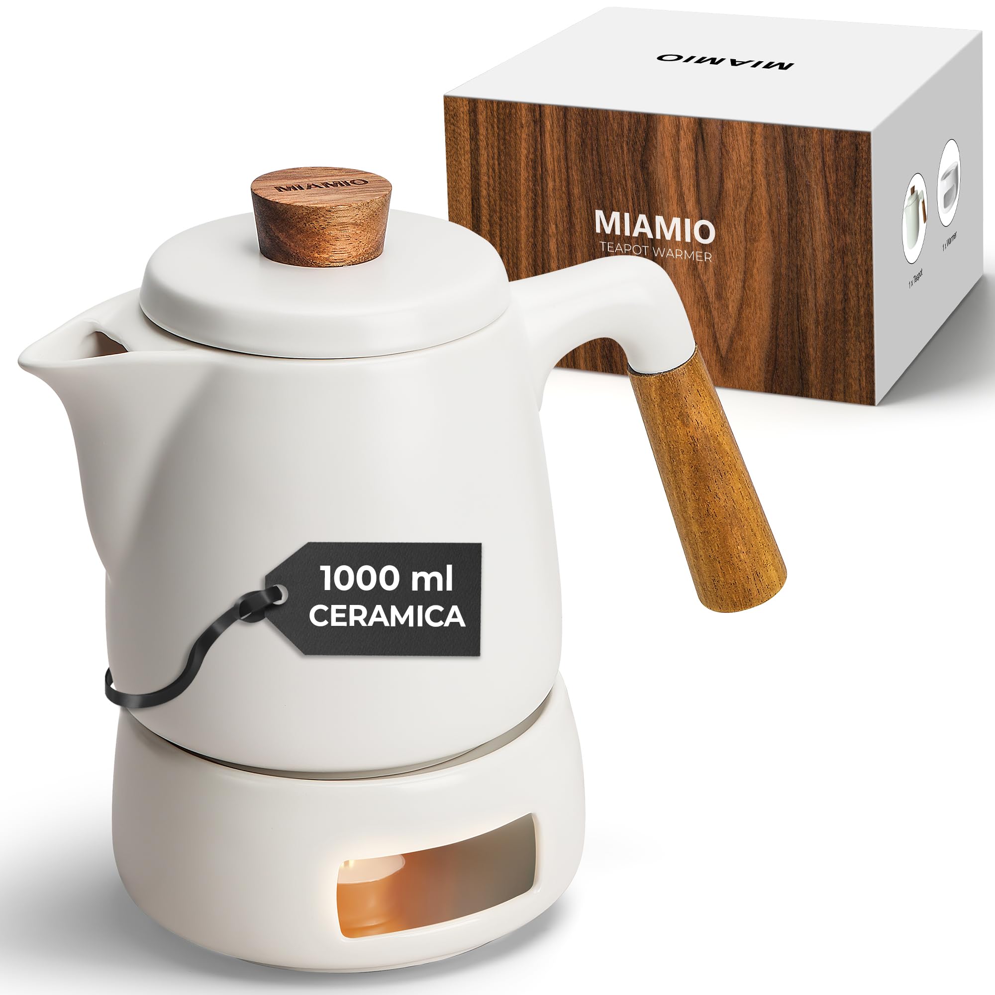 MIAMIO - Set di teiere con scaldavivande/Bollitore da 1L / 1000 ml con infusore per la macerazione di foglie di tè sfuso - Regalo per donne/amanti del tè (bianco)
