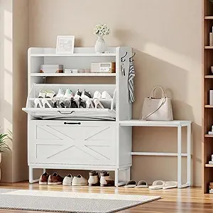 DWVO Farmhouse Shoe Storage Cabinet with 2 Flip Drawers, Slim Shoe Cabinet for Up to 16 Pairs, Narrow Shoe Rack for Entryway, Living Room, Hallway (White)