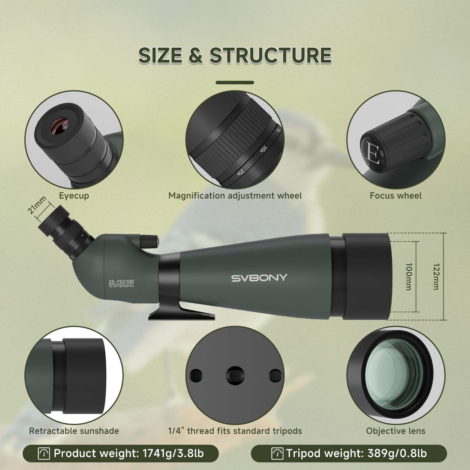 Svbony SV28 25-75x100mm Telescopio Terrestre con Trípode, Gran Campo de Visión Imágenes Claras y Brillantes, HD Bak4 FMC Telescopio Terrestre con Adaptador, para Tiro al Blanco, Observación de Aves — view 9