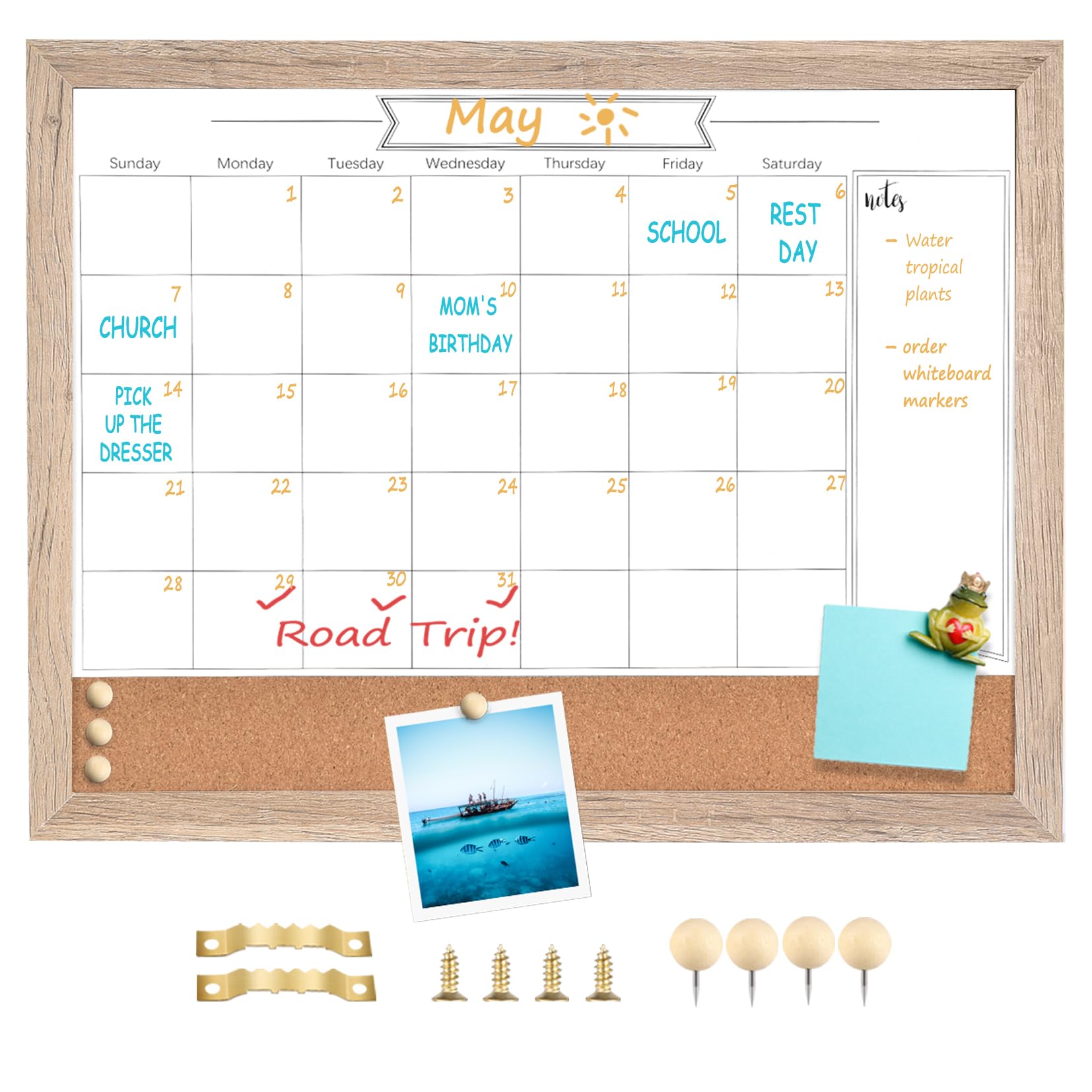 TORASO Whiteboard Calendar & Corkboard,Small Combination Dry Erase White Board & Bulletin Board, 13" x 17"，Rustic Brown Frame Calendar/Cork Combo Board(ZHYL-RB-3343)