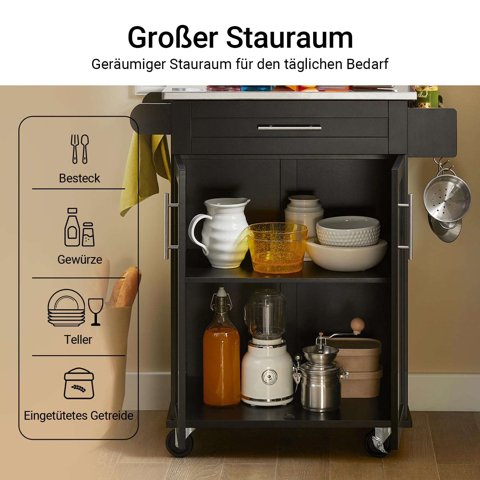 SoBuy Küchenwagen mit Rollen – Küchenwagen mit Arbeitsplatte, Servierwagen, Küchenrollwagen für Küche & Outdoor, Rollwagen Küche mit Schublade und Regal 80×90×46 cm Schwarz FKW110-SCH