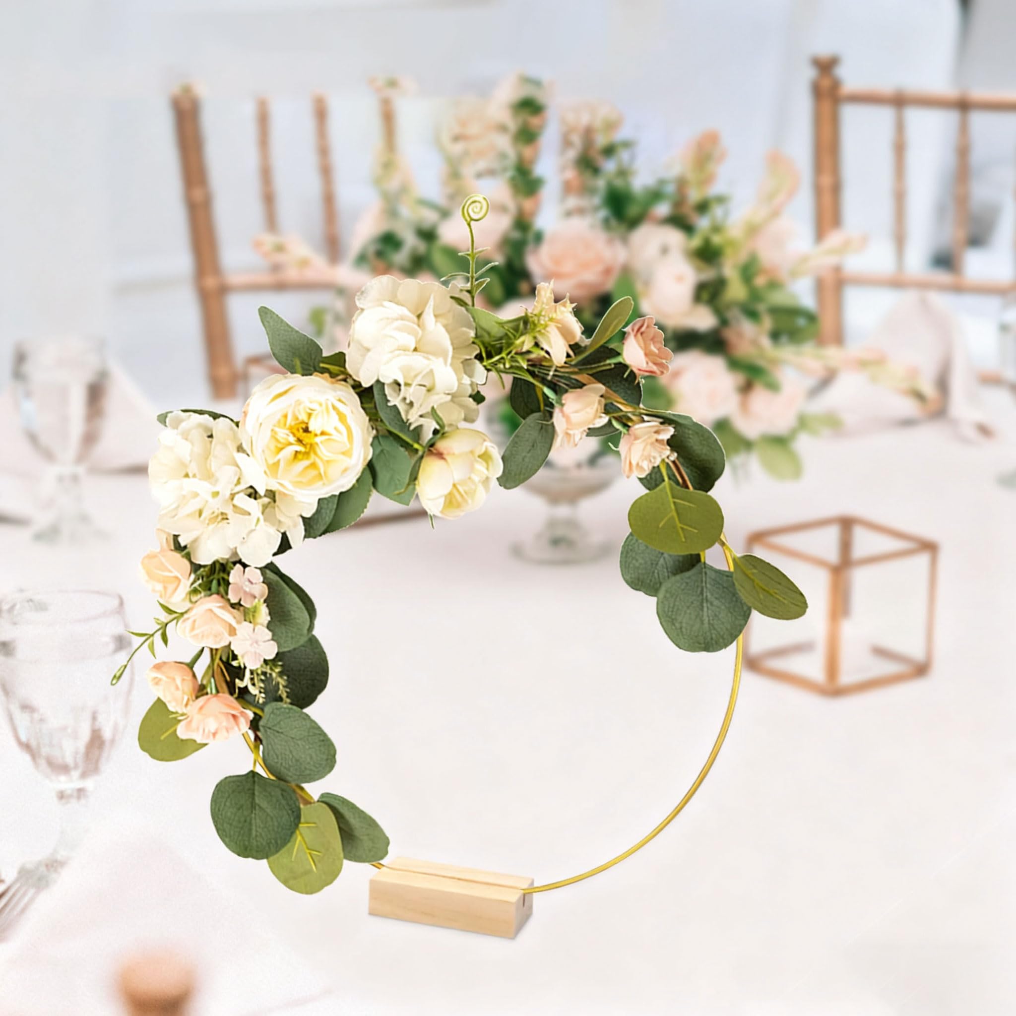Set di 6 centrotavola con Cerchi Dorati e Supporti in Legno, Anelli Floreali in Metallo per Decorazioni di Matrimoni e tavoli, macramè, ghirlande e Decorazioni murali (Dimensioni: