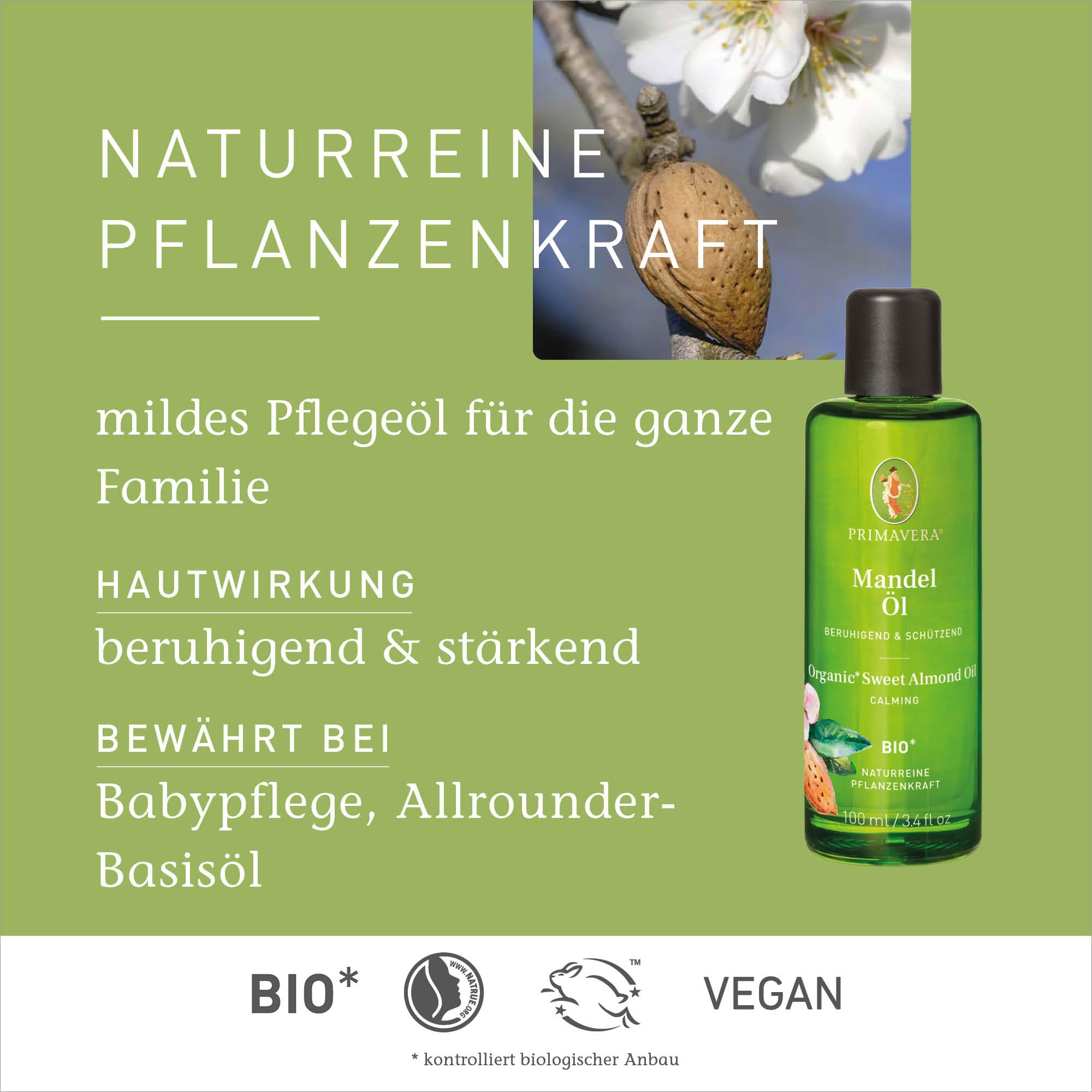PRIMAVERA Pflegeöl Mandelöl bio* 6 x 100 ml – naturreine Pflanzenkraft – Glasflasche – Aromaöl, Körperöl, Naturkosmetik – gut verträglich, schützend, lindert Hautrötungen – vegan