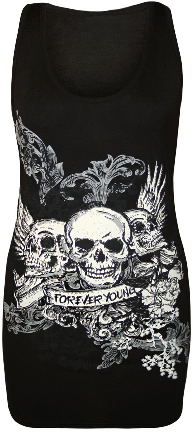 WearAll Womens Skull Forever Young Print Racer Back Sleeveless Ladies Vest Top - Black - 12-14