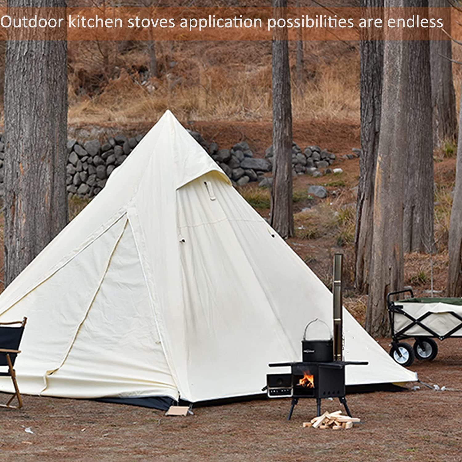 Poêle à Bois à Double Paroi, Pieds Démontables, Acier Carbone | 3 Tuyaux, avec Crochet et Gants, Réchaud Camping Portable pour Chauffage, Barbecue, Camping, Randonnée, Chasse