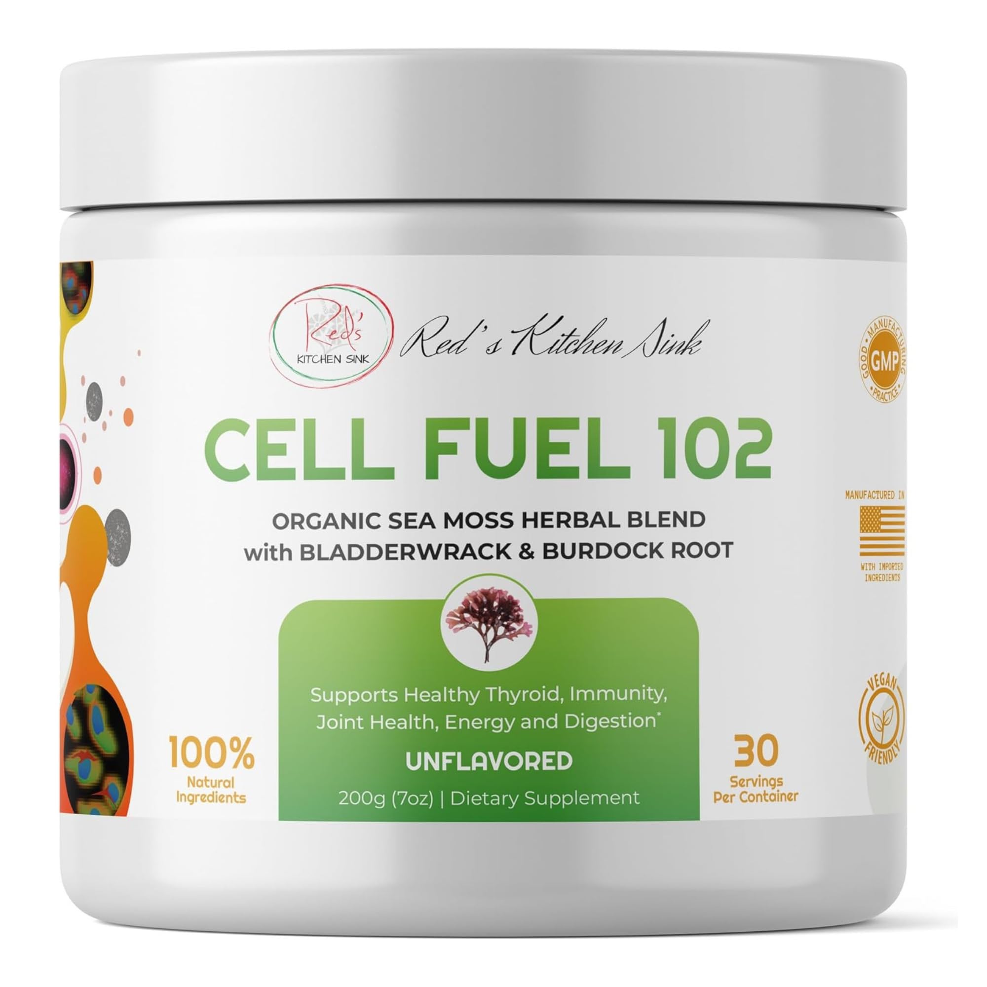 Red's Kitchen Sink Cell Fuel 102 – Organic Sea Moss Powder with Bladderwrack & Burdock Root | Dr. Sebi Inspired Herbal Blend | Vegan, Natural, 30 Servings (7oz)