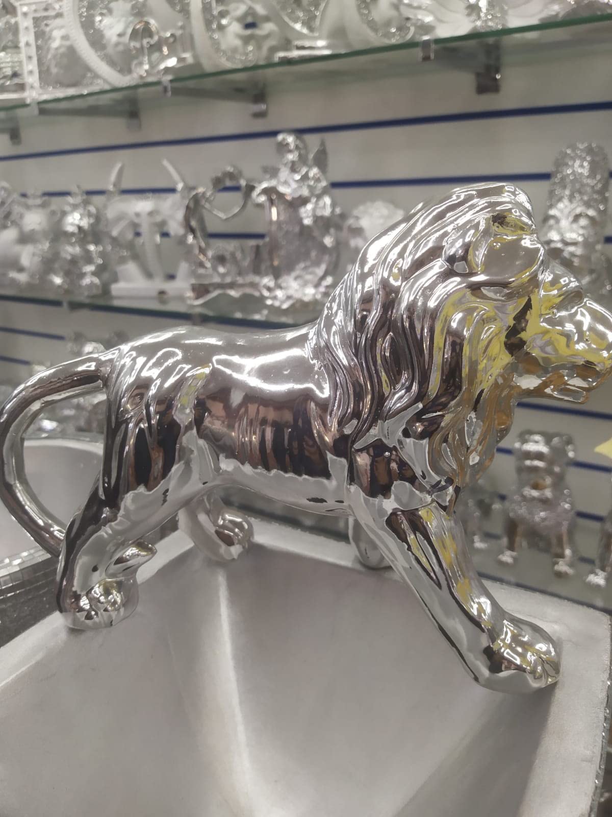 Biznest Silver New Crushed Chrome Diamond Sparkly Lion Ornament, Shelf Sitter