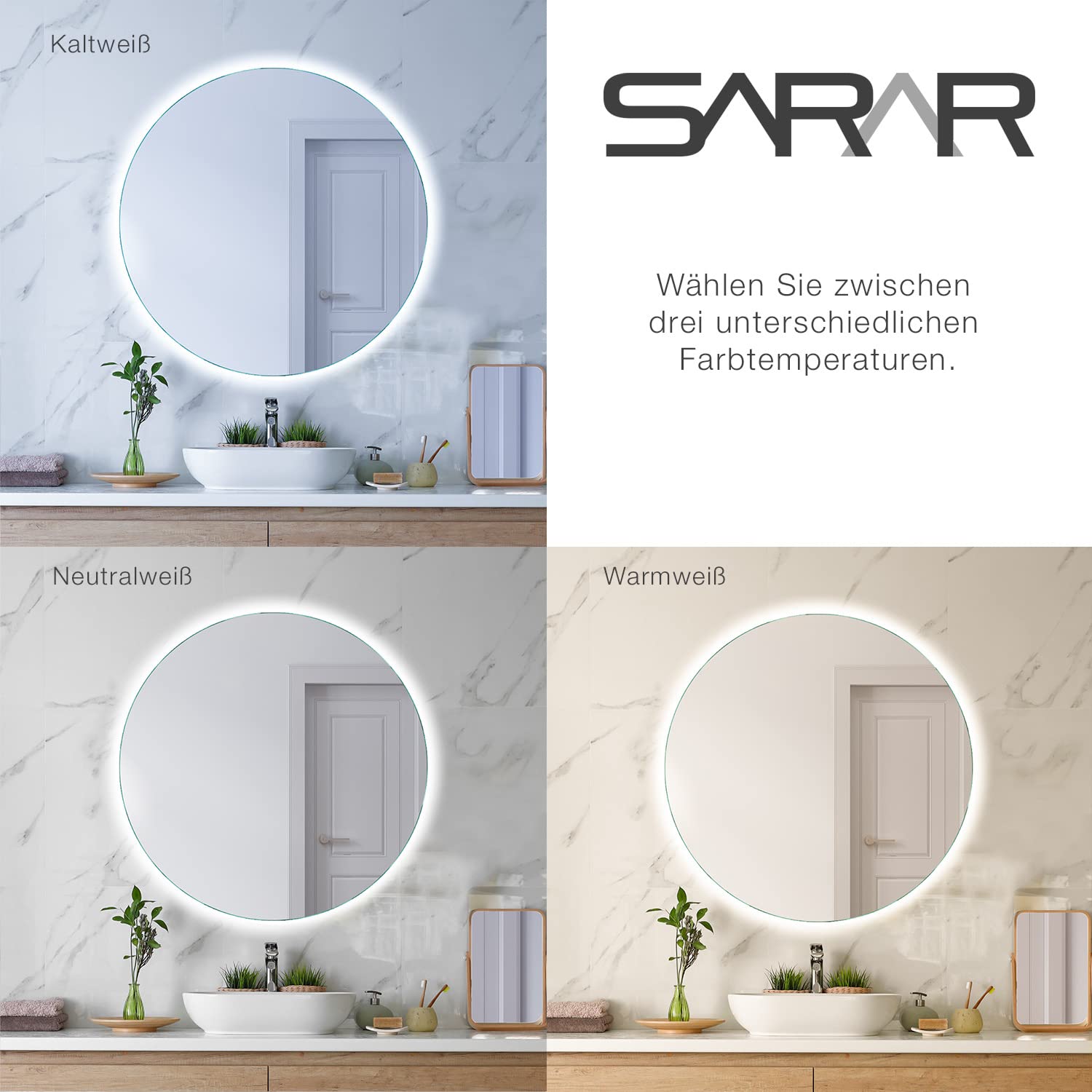 SARAR Runder Badspiegel Spiegel Badezimmerspiegel mit indirekter rundum LED-Beleuchtung 120cm Made in Germany Wandspiegel Mirror Spiegel Bad mit Licht Designo MAR113