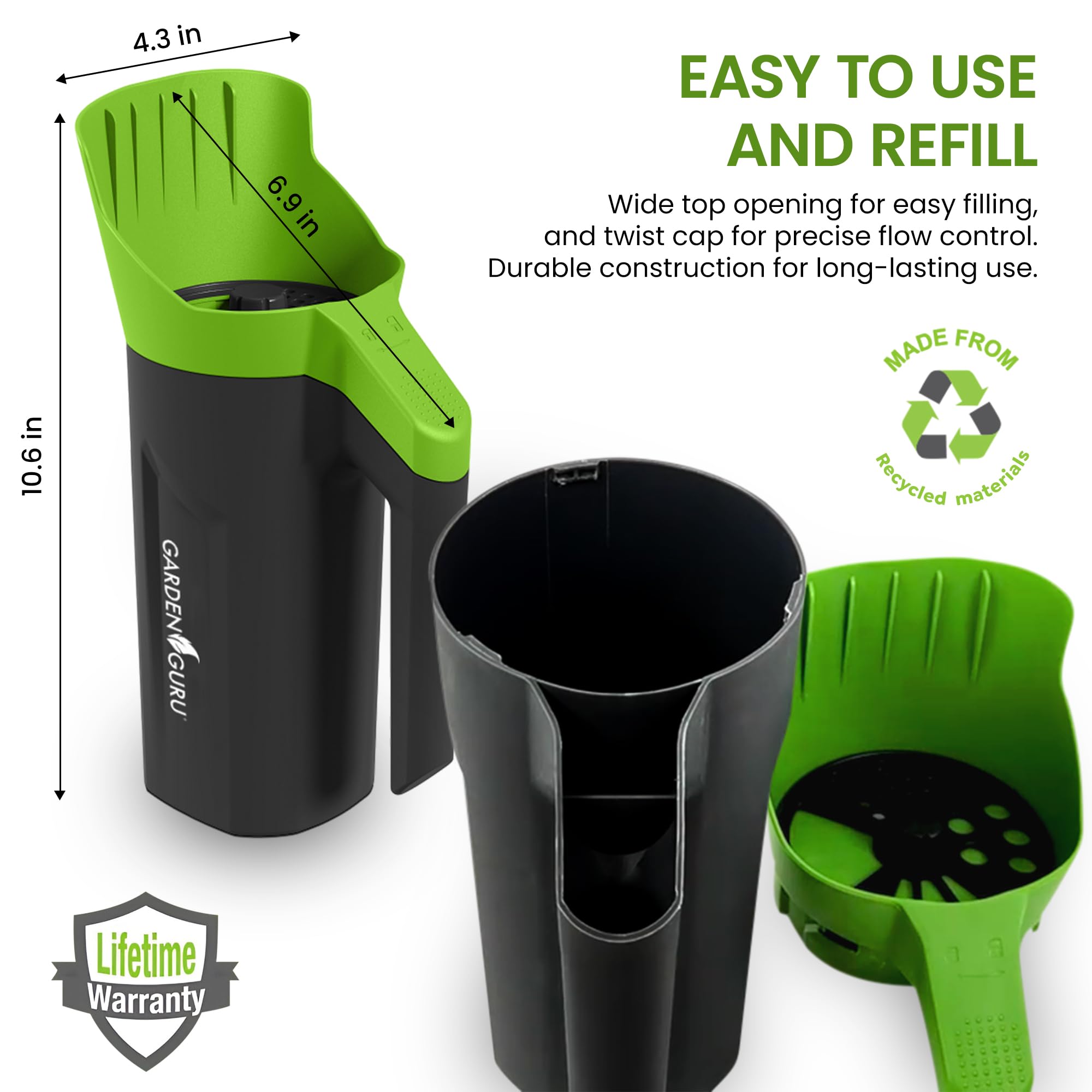 Garden Guru - Esparcidor de semillas de mano, multiuso, semillas de césped, fertilizantes, sal, hielo y nieve, tapa giratoria ajustable con aberturas de varios tamaños, sembradora manual ligera de 1 L