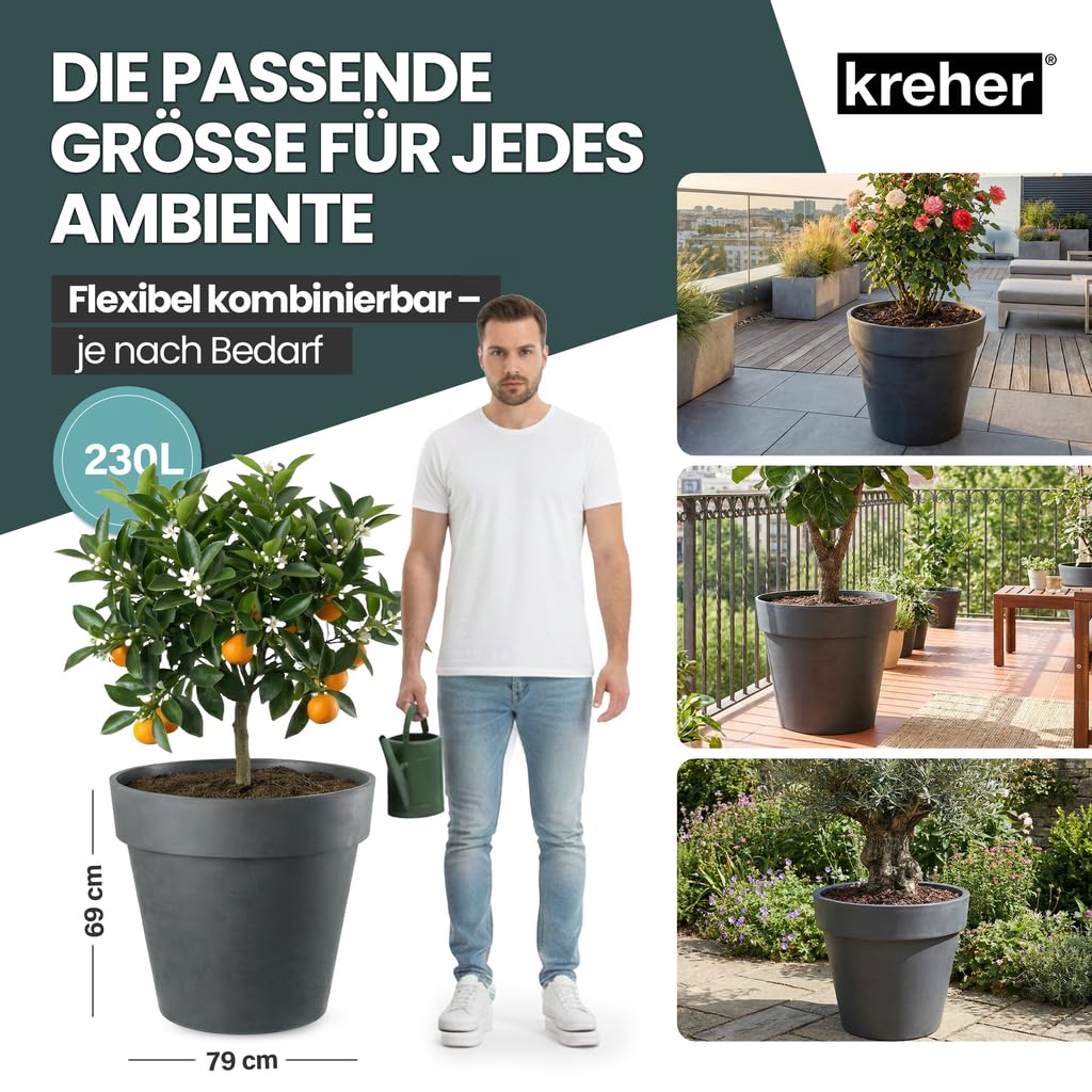 Kreher XXL Pflanztopf/Pflanzkübel rund mit 79 cm / 58 cm Durchmesser, ausstattet mit Rollen! Der Eye-Catcher für Garten, Terrasse, Restaurants & Gewerbe! (Anthrazit, XXL-Ø79cm)