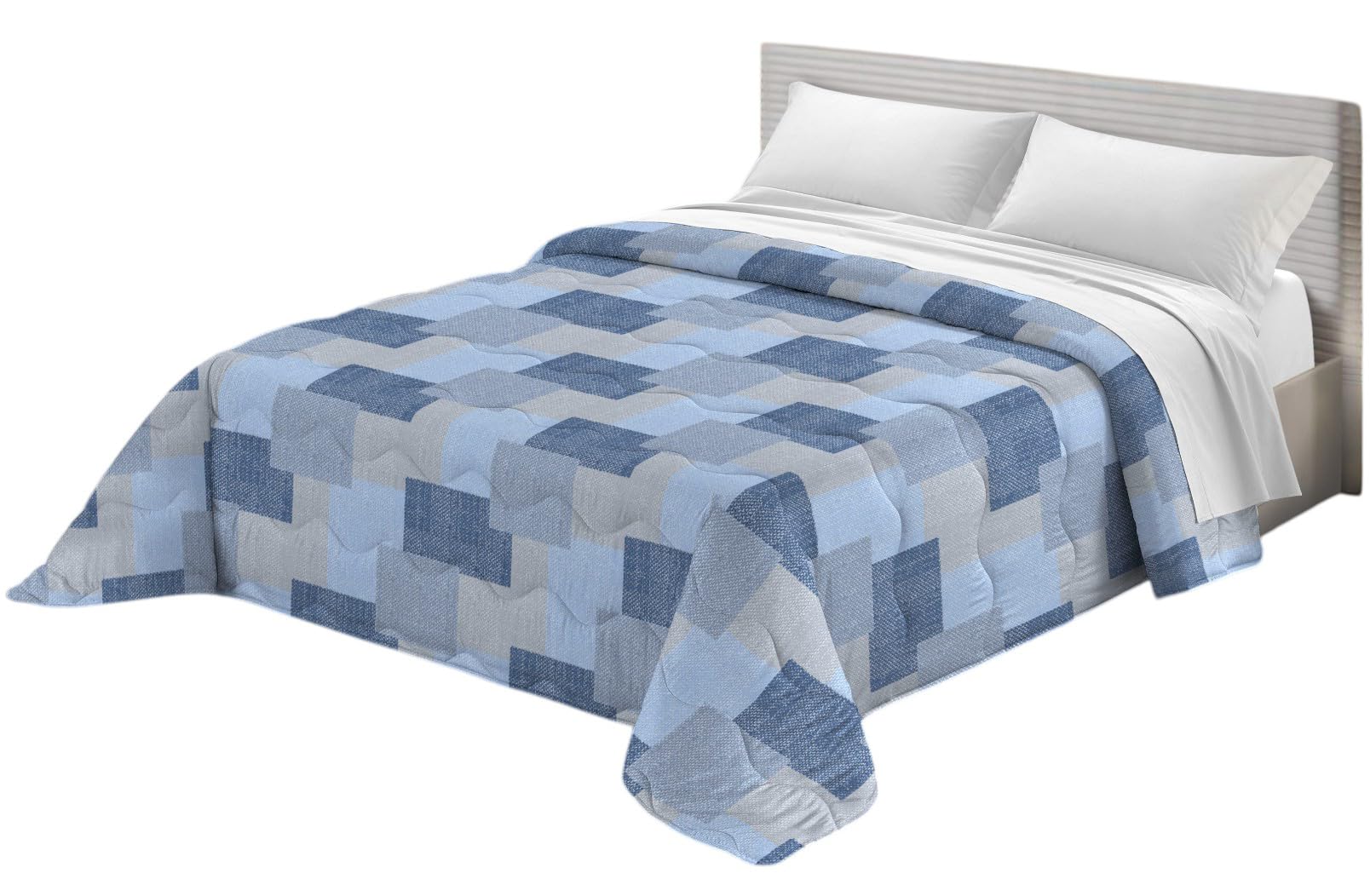 Tata Home Trapuntino Copriletto Trapuntato Primaverile Estivo 100 gr/mq Quilt Leggero Letto Due Piazze Matrimoniale 260x260 cm Fantasia Geometrica a Quadri Made in Italy Iceland Colore Azzurro Blu