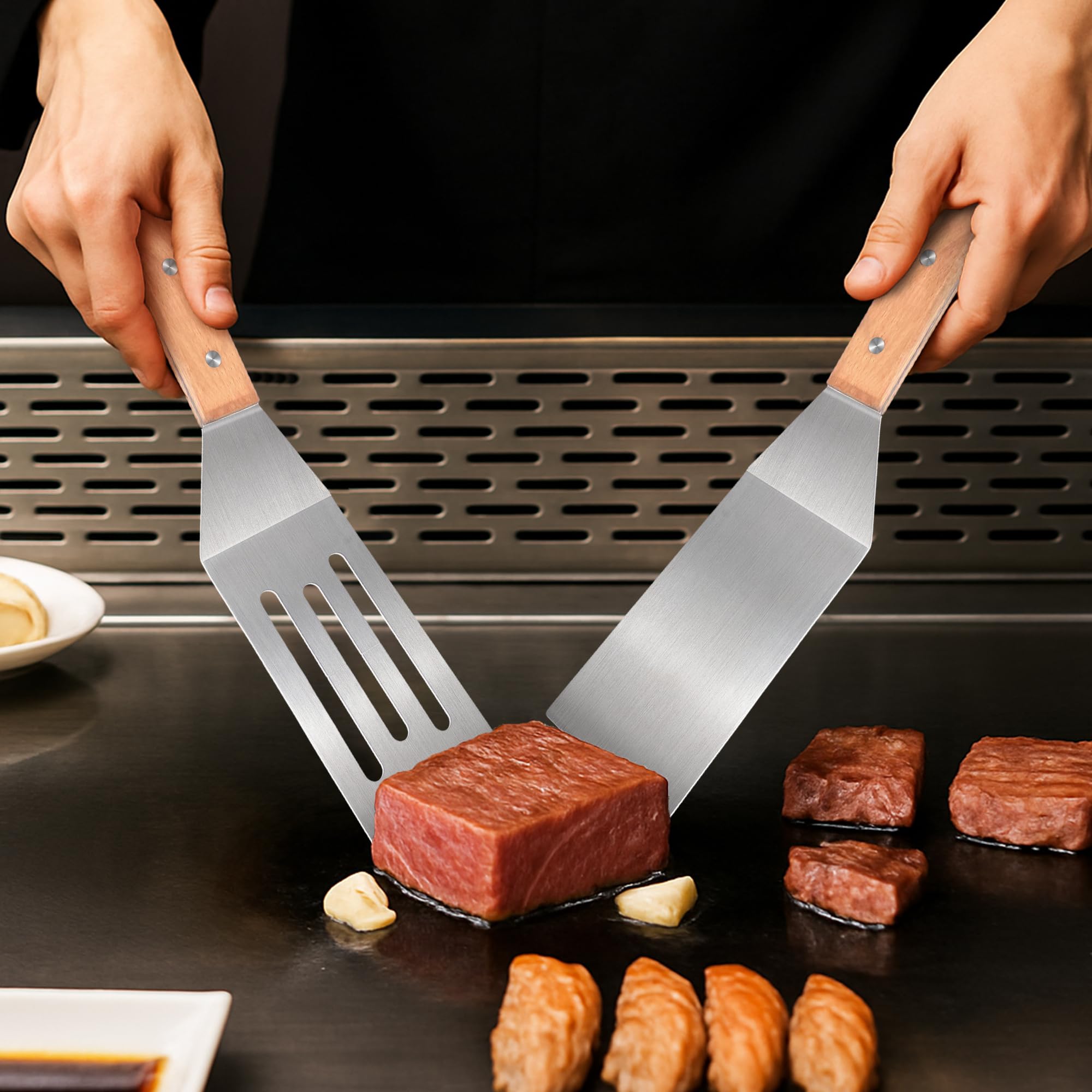 Juego de 4 espátulas de metal de acero inoxidable, espátulas Teppaniyaki, espátula plana, aleta para panqueques, utensilios de metal ideal para barbacoa, parrilla plana, accesorios de plancha 5