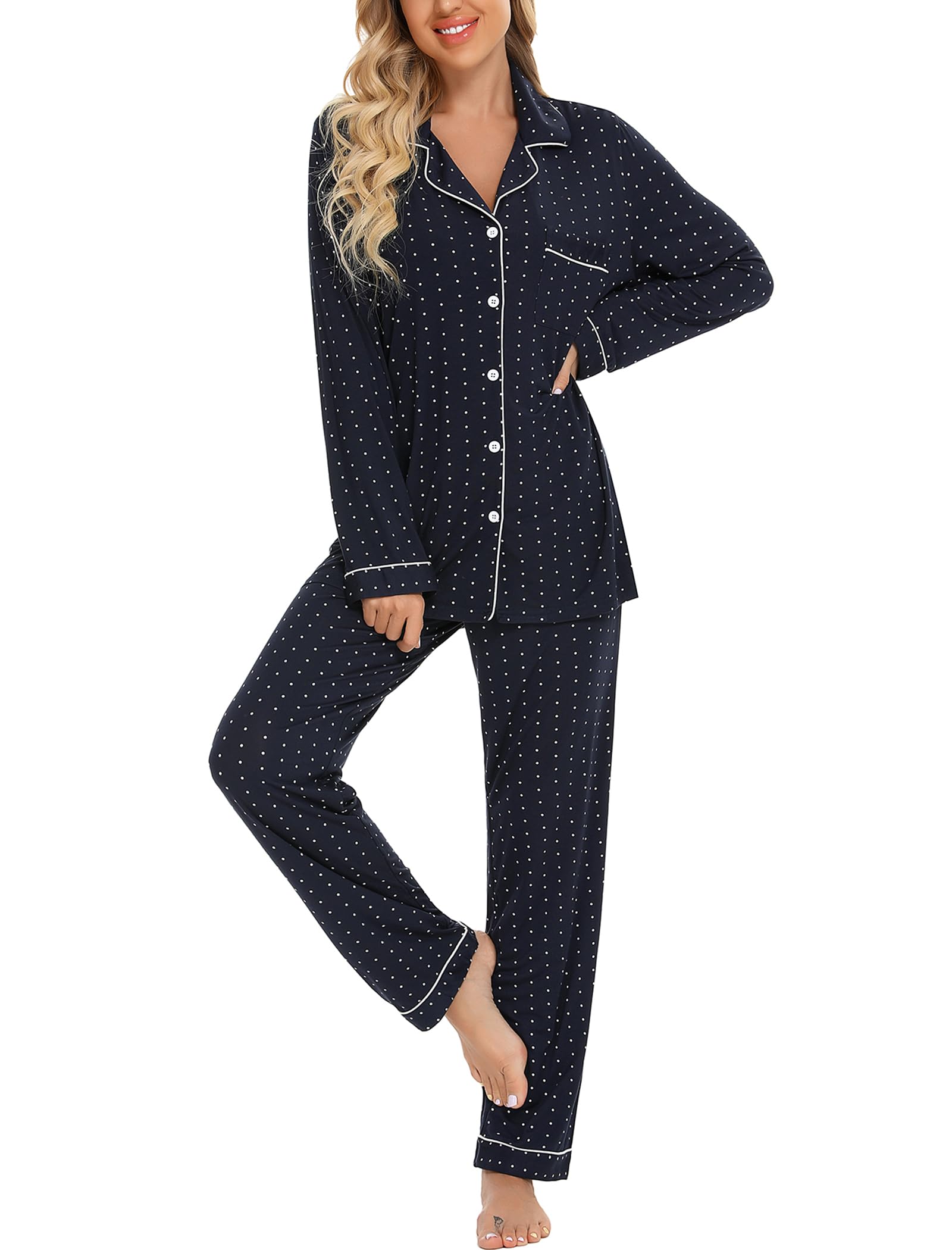 Leikar Womens Button Down Pajama Sets Long Sleeve Shirt And Pajama Pants Soft Pjs Lounge Sets S