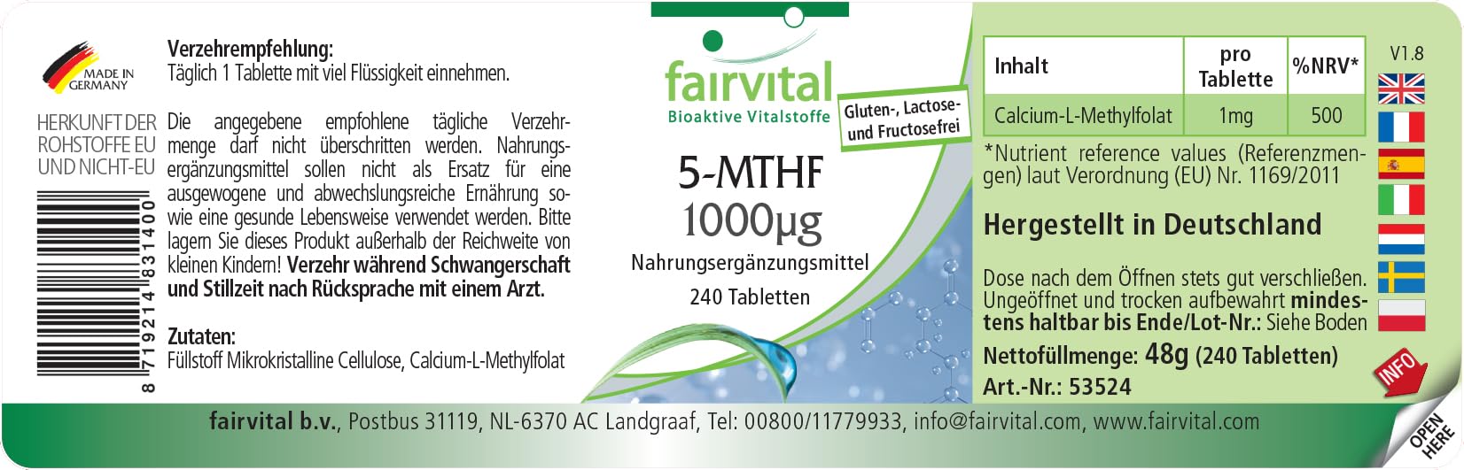 Fairvital | 5-MTHF - 240 tabletek - 1mg na tabletkę - bioaktywny kwas foliowy - płodność i ciąża - sprawdzona jakość i wysoka dawka - 100% wegańskie - wyprodukowano w Niemczech