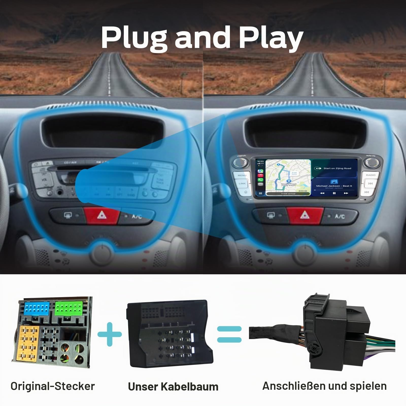 Linux-Autoradio für Peugeot 107/Toyota Aygo/Citroen C1 2004-2014 mit kabellosem CarPlay und Android Auto, 2-Sekunden-Boot, physische Drehregler, OEM-Sound, Plug & Play-Installation