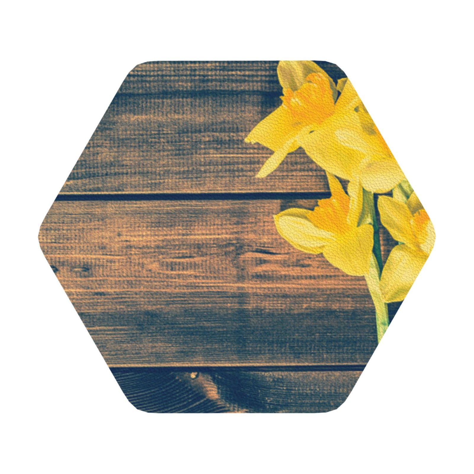 Bouquet of Daffodils PU Leather Coasters Set of 6 Hexagon Drink Coasters