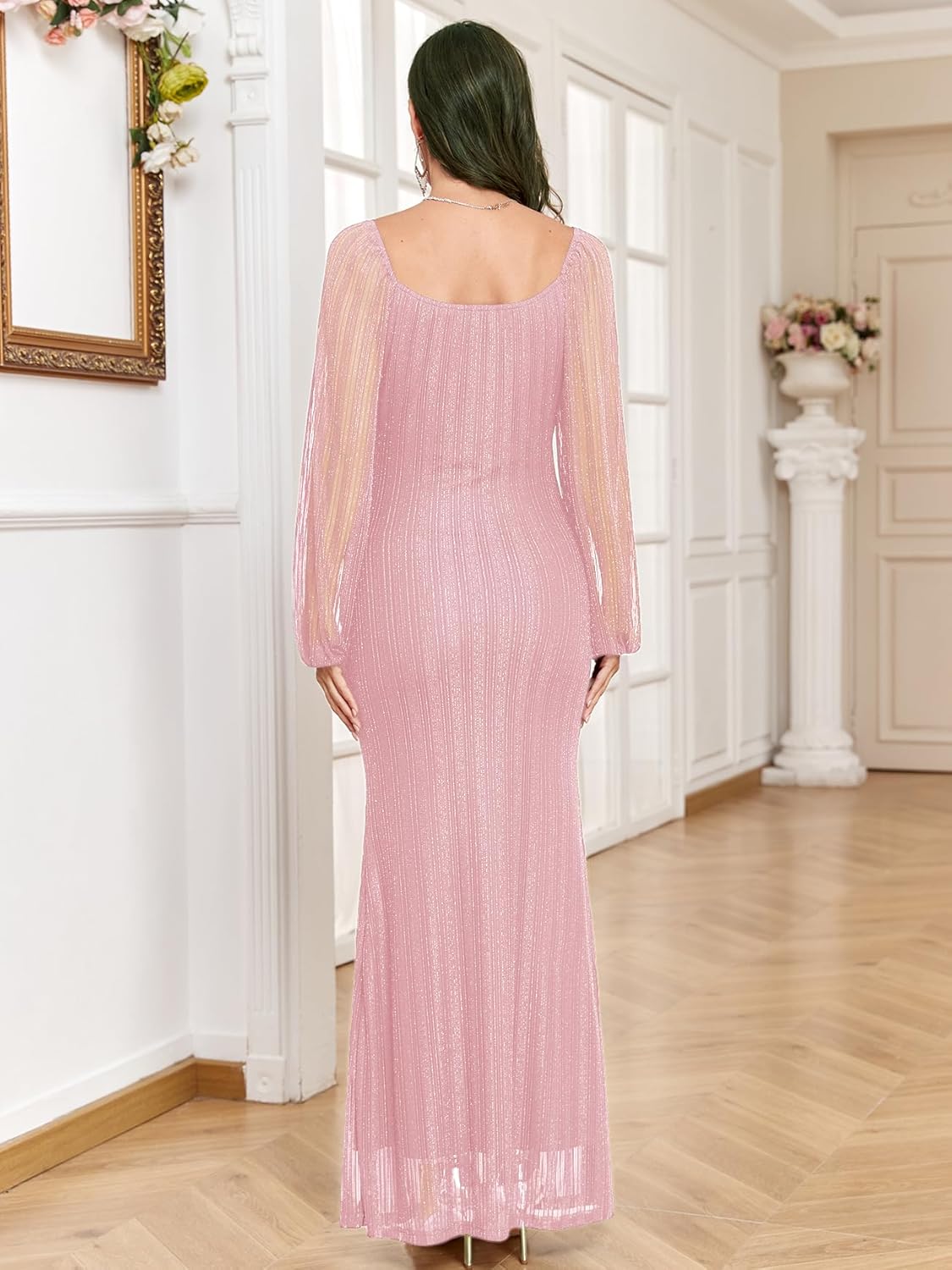 AISWI Sparkly Mesh Maternity Dress Long Sleeve Square Neck Baby Shower Pregnancy Dresses for Photoshoot Semi Formal