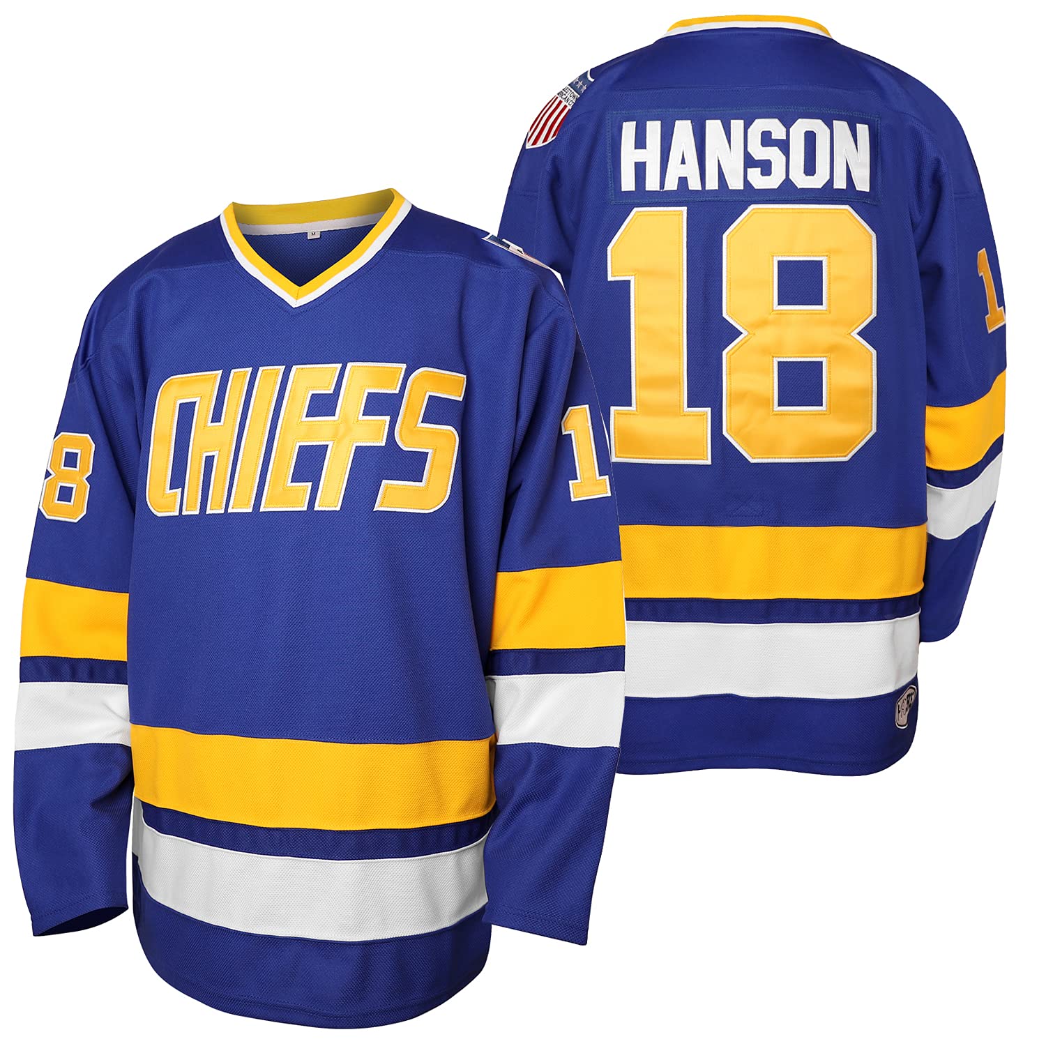 Hommes Hanson Brother 16 Jack 17 Steve 18 Jeff Charlestown Chiefs Cousu Film Hockey Maillots - Bleu - XX-Large