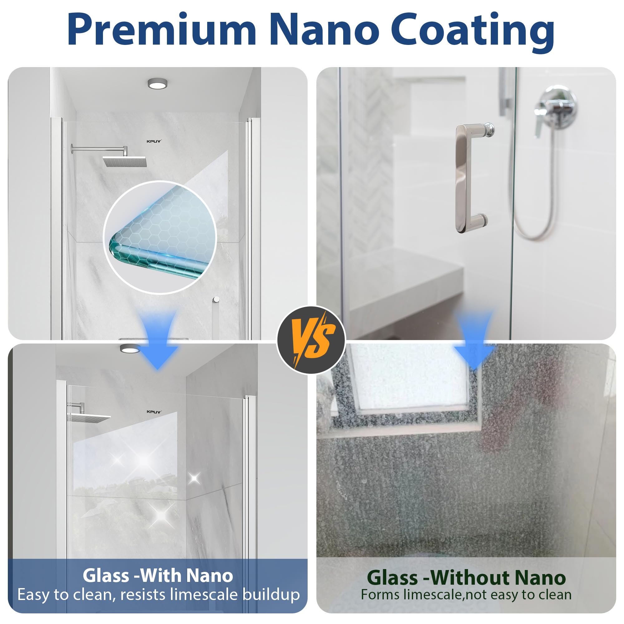 Condition photo showing New/Like New for kpuy pivot shower door, 24-26" w x 72" h frameless single swing glass shower door with explosion-proof film nano coating, 1/4" (6mm) thick tempered clear glass, brushed nickel