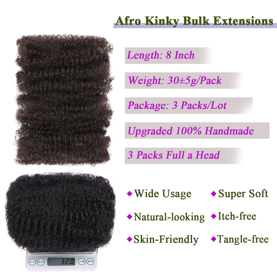 Kachanaa 8 Inch Afro Kinky Curly Braiding Hair Bulk for Dreadlock Extensions Mini Twists Repair Locs 3 Packs Dark Brwon Springy Afro Twist Hair Extensions 90g Marley Twist Hair Bulk - Image 4