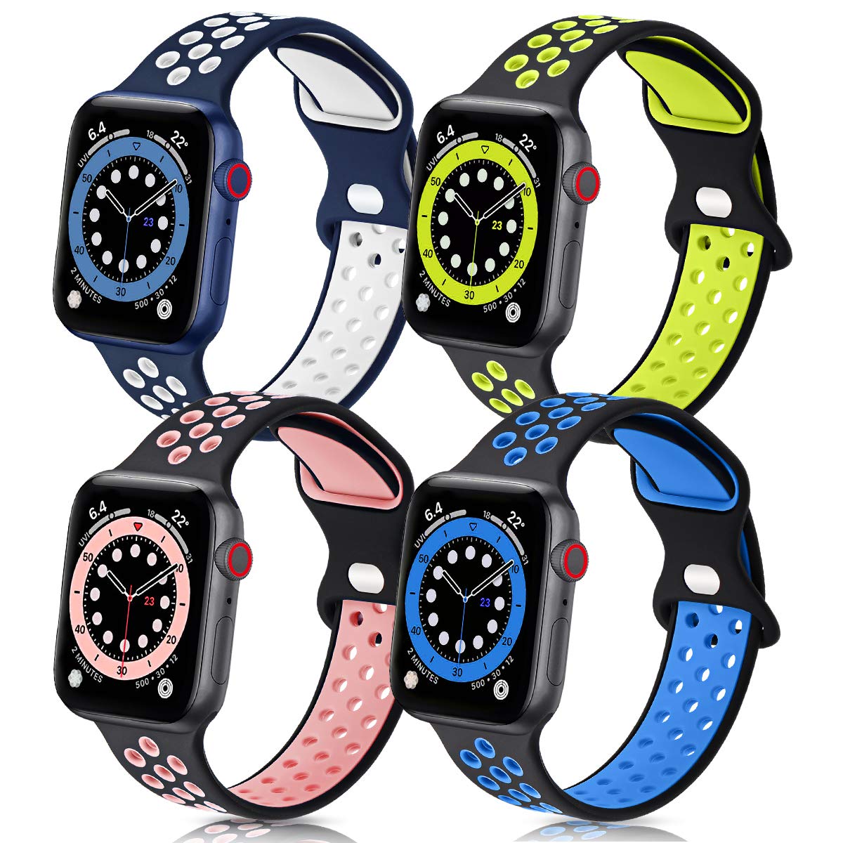 GROGON Compatible with Apple Watch Bands 44mm 42mm 45mm 41mm 40mm 38mm for Men Women, 4 Pack Silicone Sport Waterproof Breathable Soft Replacement Strap for iWatch SE Series 7/6/5/4/3/2/5