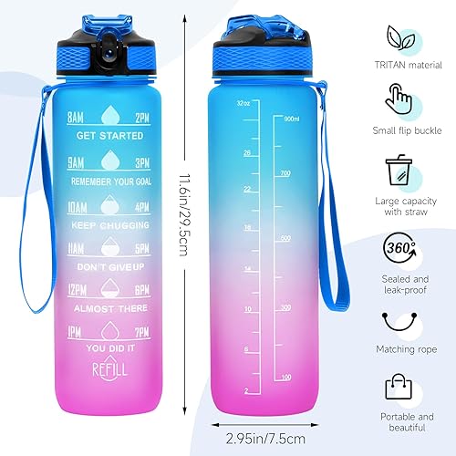 Miniatura 6 de 32 oz Water Bottles with Times to Drink and Straw, Motivational Water Bottle with Time Marker, Leakproof & BPA Free, Drinking Sports Water Bottle