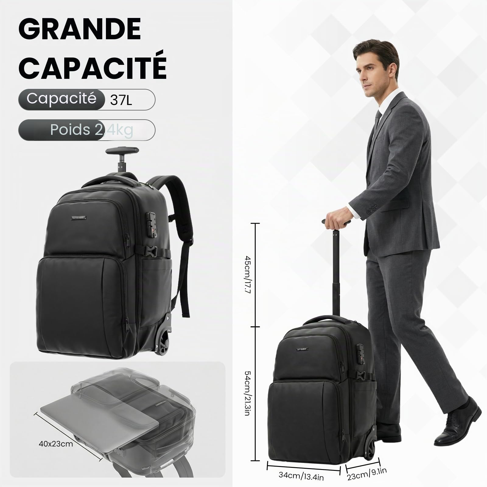 Hivexagon Sac à Dos de Voyage Cabine 37 L à roulettes, Grande capacité, avec Serrure à Code, Roues silencieuses et résistantes, Bretelles dissimulées, idéal pour Les Voyages d'affaires ou de Loisirs