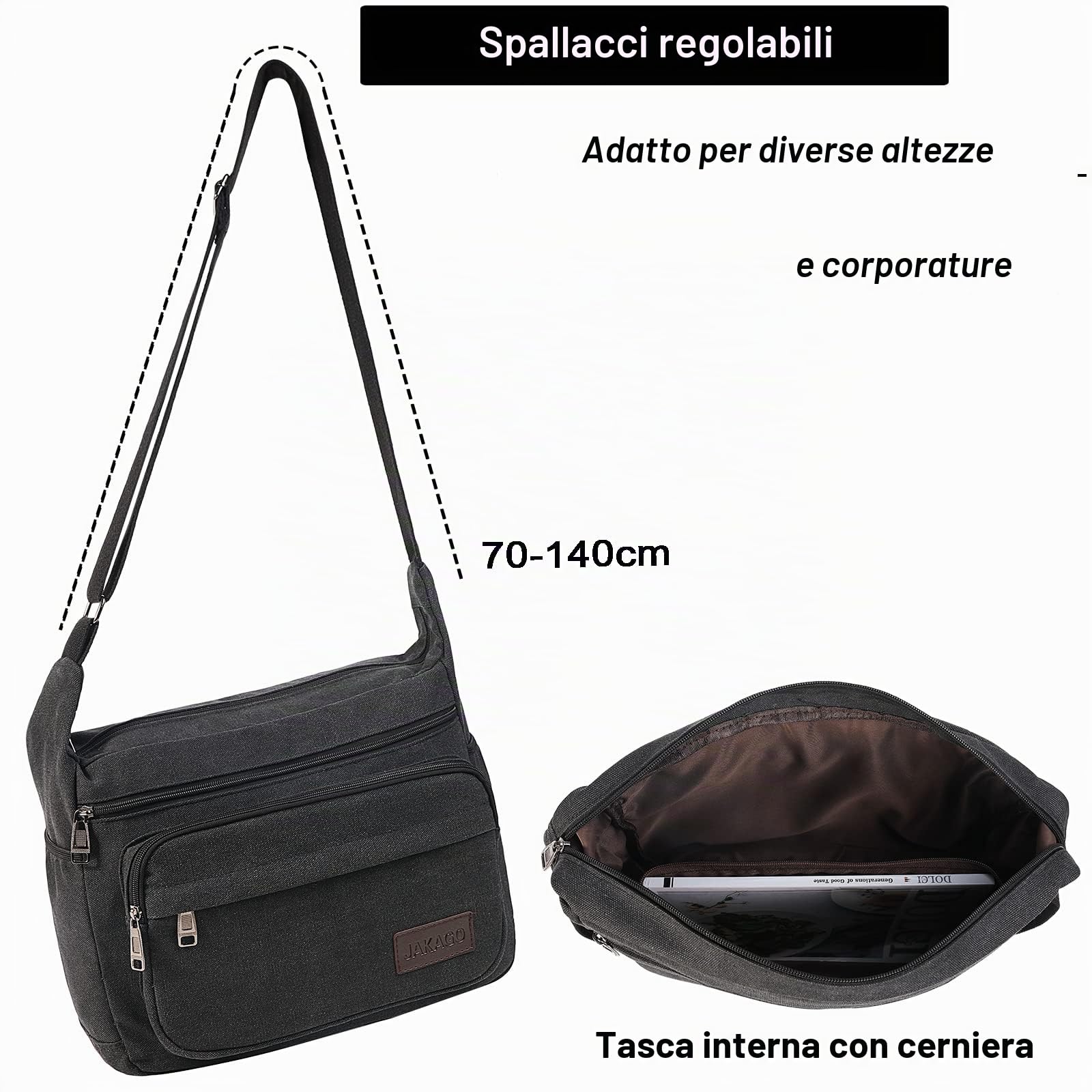 JAKAGO Borsa a tracolla in tela da uomo/donna con tasche multiple per scuola viaggi pesca campeggio uso quotidiano