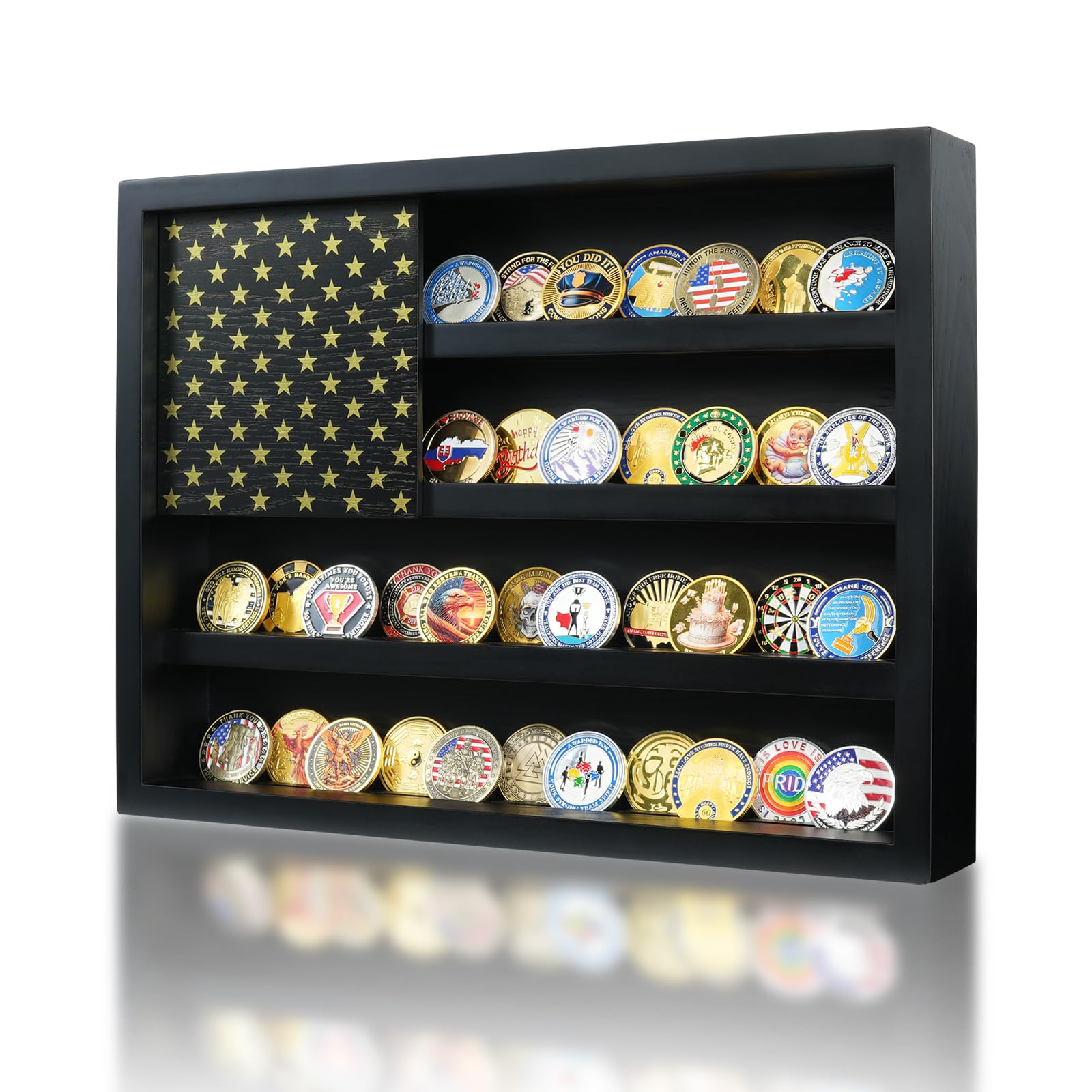 DecoWoodo American Flag Challenge Coin Display Frame - Wooden Wall and Table Stand Decor, Military Coin Holder Rack, Medal Display Case, Black