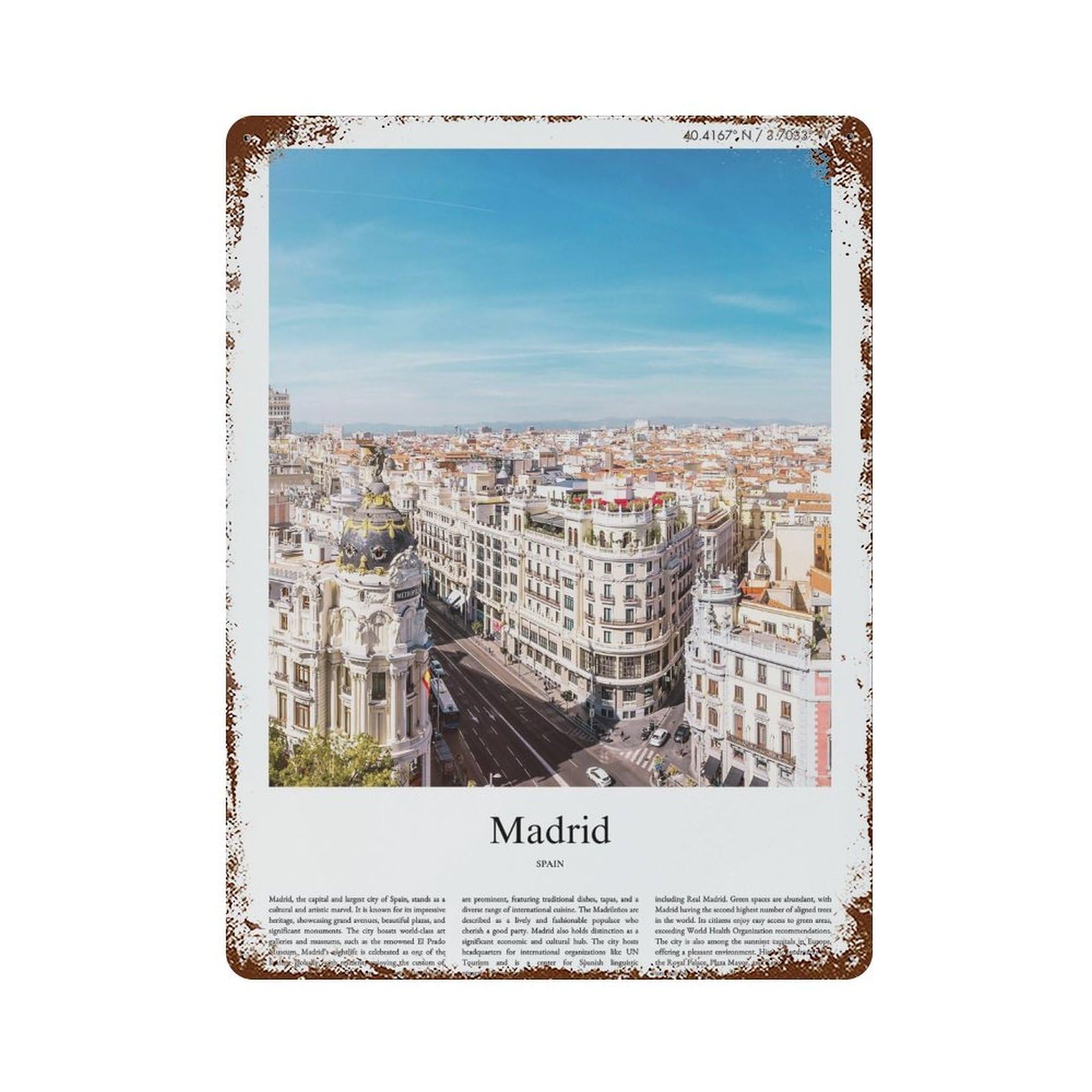 xiaoxiaoshen Madrid Spain City Scenery Wall Decor Art Metal Tin Poster Modern Home Decor Art Home Bar Shop Decorations Vintage Sign 40x30cm