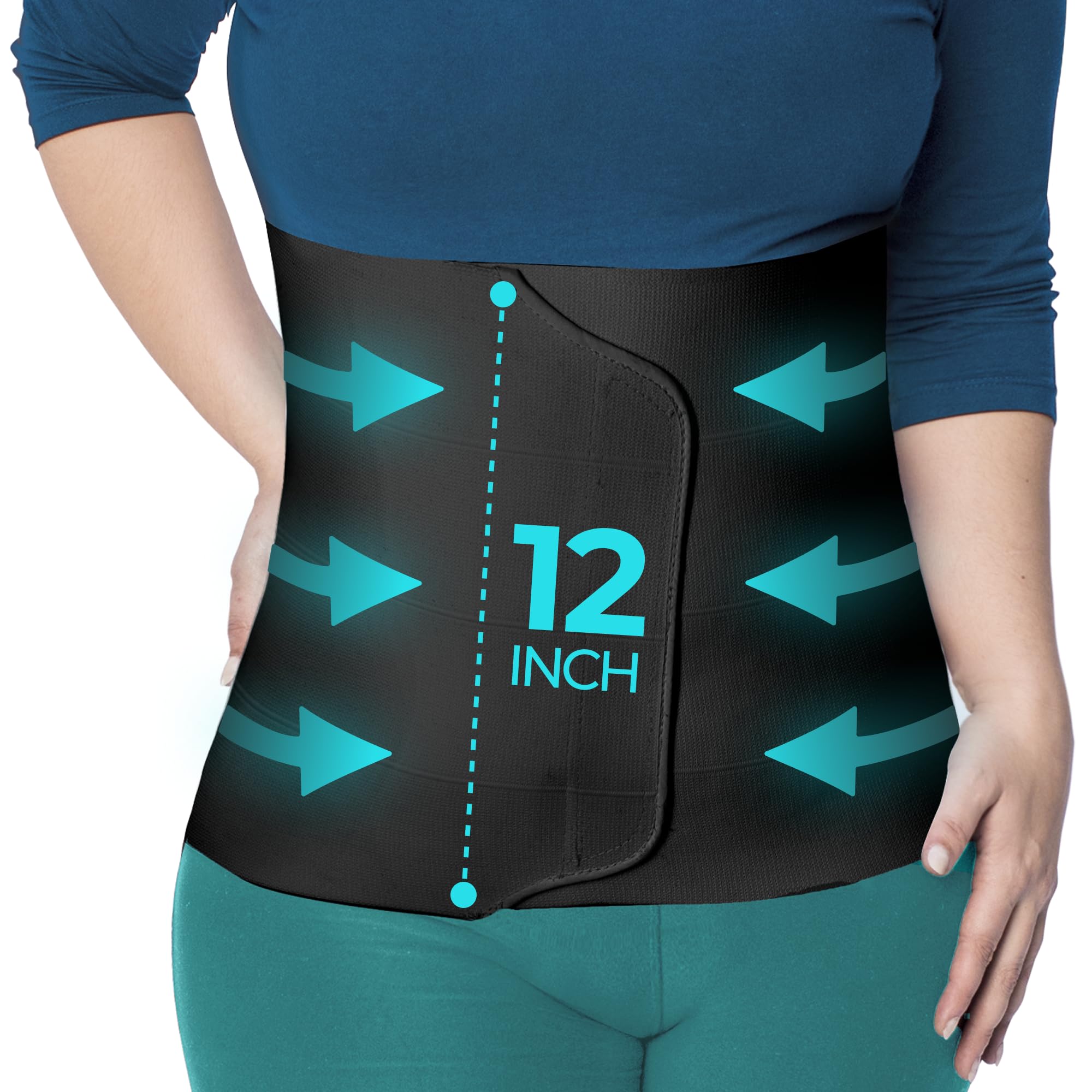 QORE LOGIQ Plus Size Abdominal Binder Post Surgery - C Section Belly Binder, Postpartum Belly Band, Adjustable 12" Compression Wrap for Stomach & Hernia Belt, Black XL