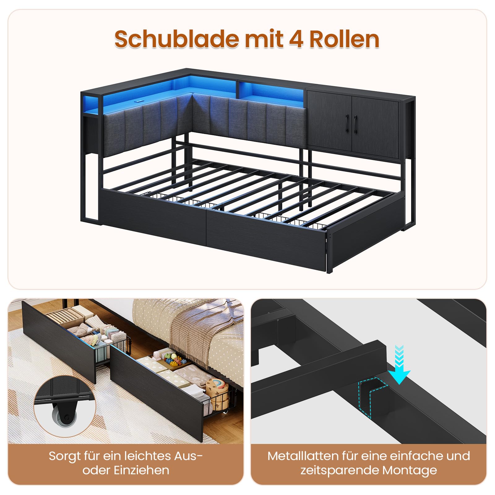 KIMENICH Polsterbett Schlafsofa 90x200 mit LED-Beleuchtung, Ladestation, Tagesbett, Jugendbett mit 2 Schubladen und Lattenrost aus Metall, Kopfteil mit Offenem Regal, Schrank, Schwarz