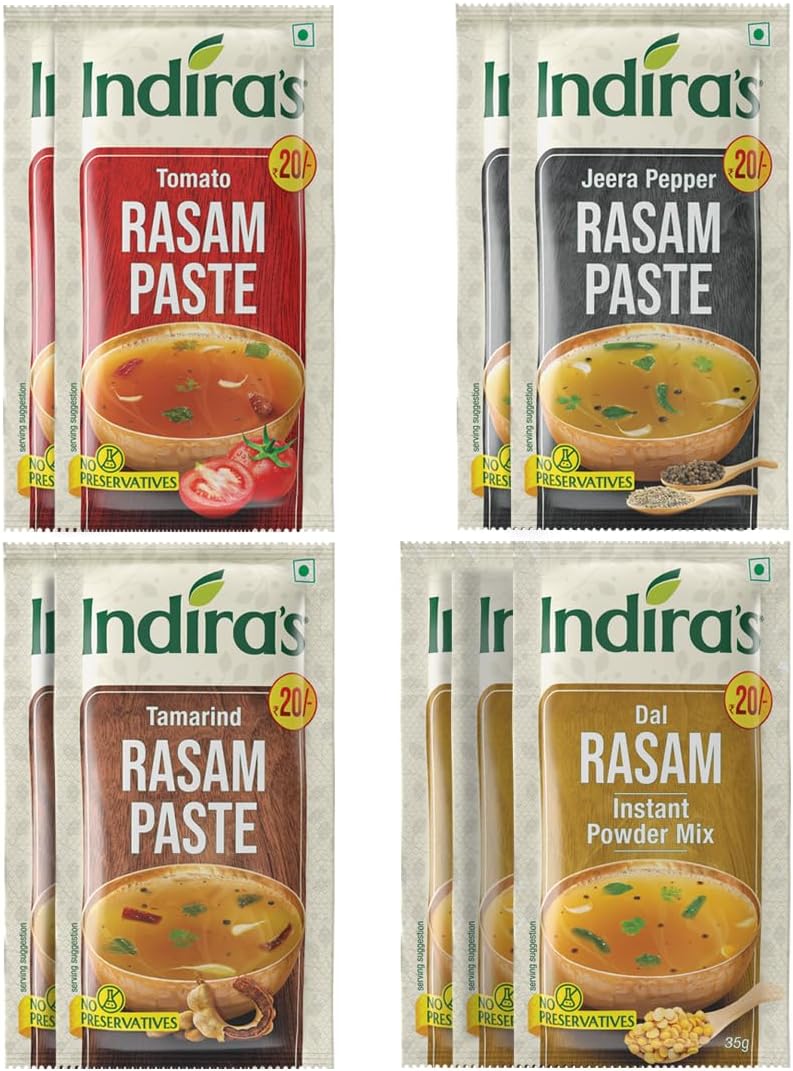 Instant Rasam Paste Combo Pack of 9 - Just Add Hot Water - 4 Tasty Flavours - Tomato Rasam, Pepper Rasam, Tamarind Rasam & Dal Rasam (35g x 3)