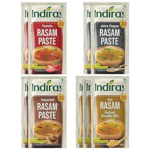 Indira 's Instant Rasam Pasta Combo Pack de 9 – Solo tienes que añadir agua caliente – 4 sabores sabrosos – Tomate Rasam, Pepper Rasam, Tamarind