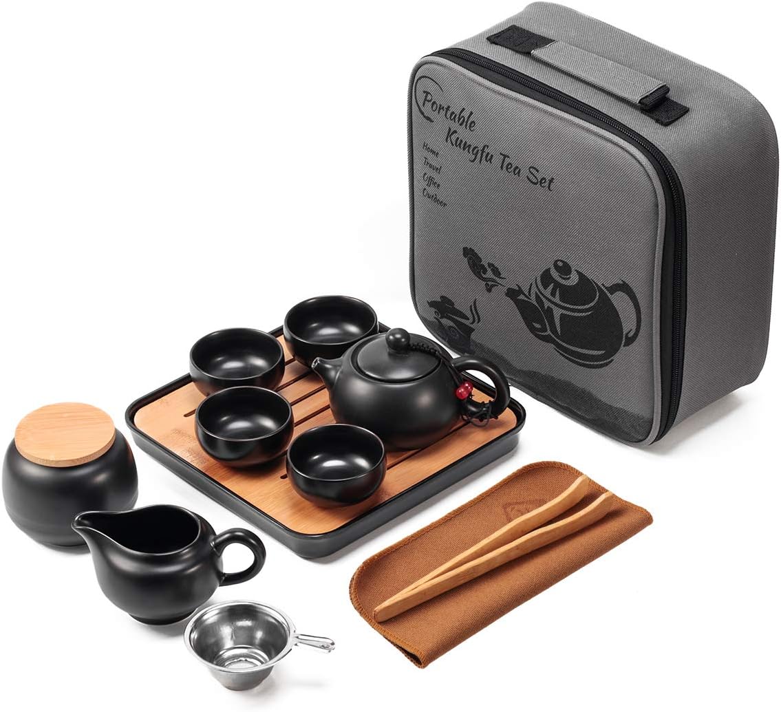 Chinese Tea Pot Cup Set with Tray Infuser - Travel Ceramic Tea set Porcelain Teapot, Portable All in One Bag for Outdoor Picnic Business Hotel (Black)