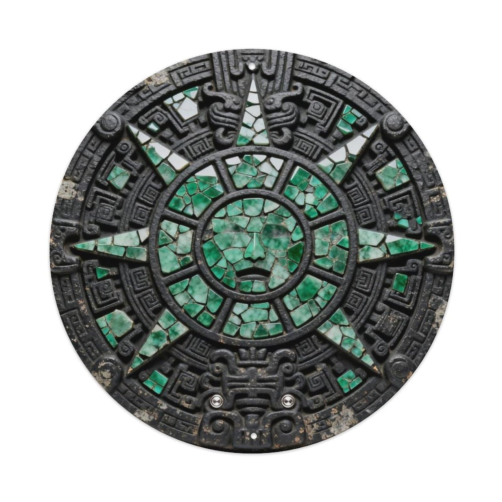Maya Sun Shield Jade Inlay Metal Tin Sign Plaque
