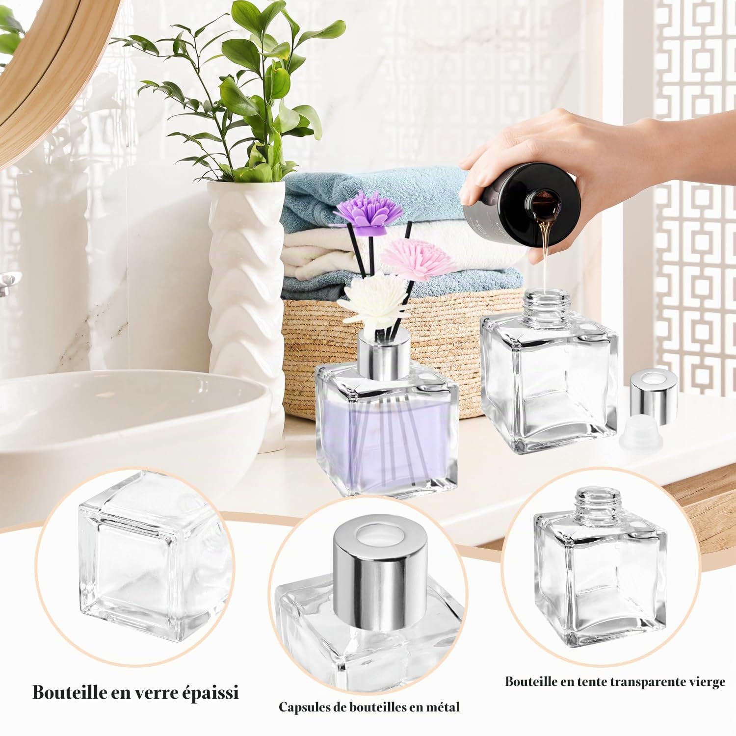 JSMTKJ Diffuseur Parfum Maison 4 Pcs Flacon Diffuseur en Verre Bouteille | Diffuseur Carré 50ml Diffuseur de Roseau pour Parfum Huile Essentielle Maison Chambre