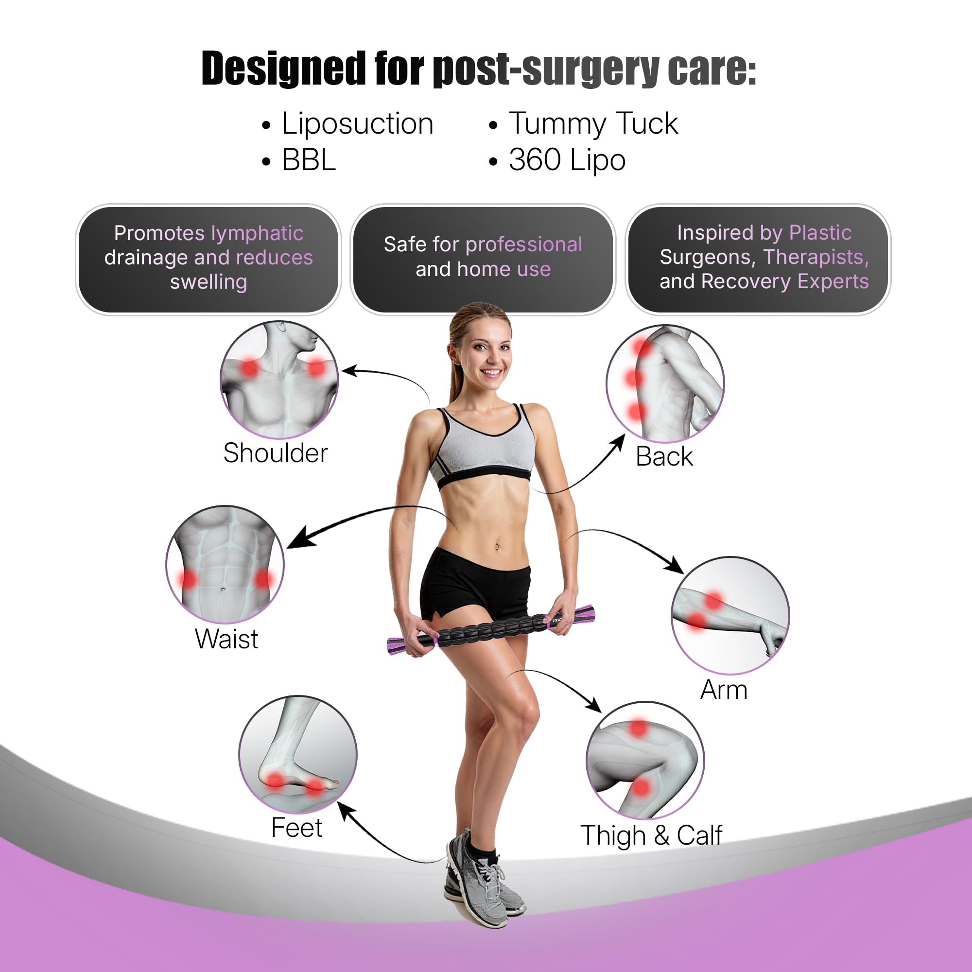 Masajeador de drenaje linfático, rodillo de bola de masaje azul y palo de masaje, rodillo de fibra, tratamiento de fibrosis, liposucción, abdominoplastia y recuperación postoperatoria, rodillo