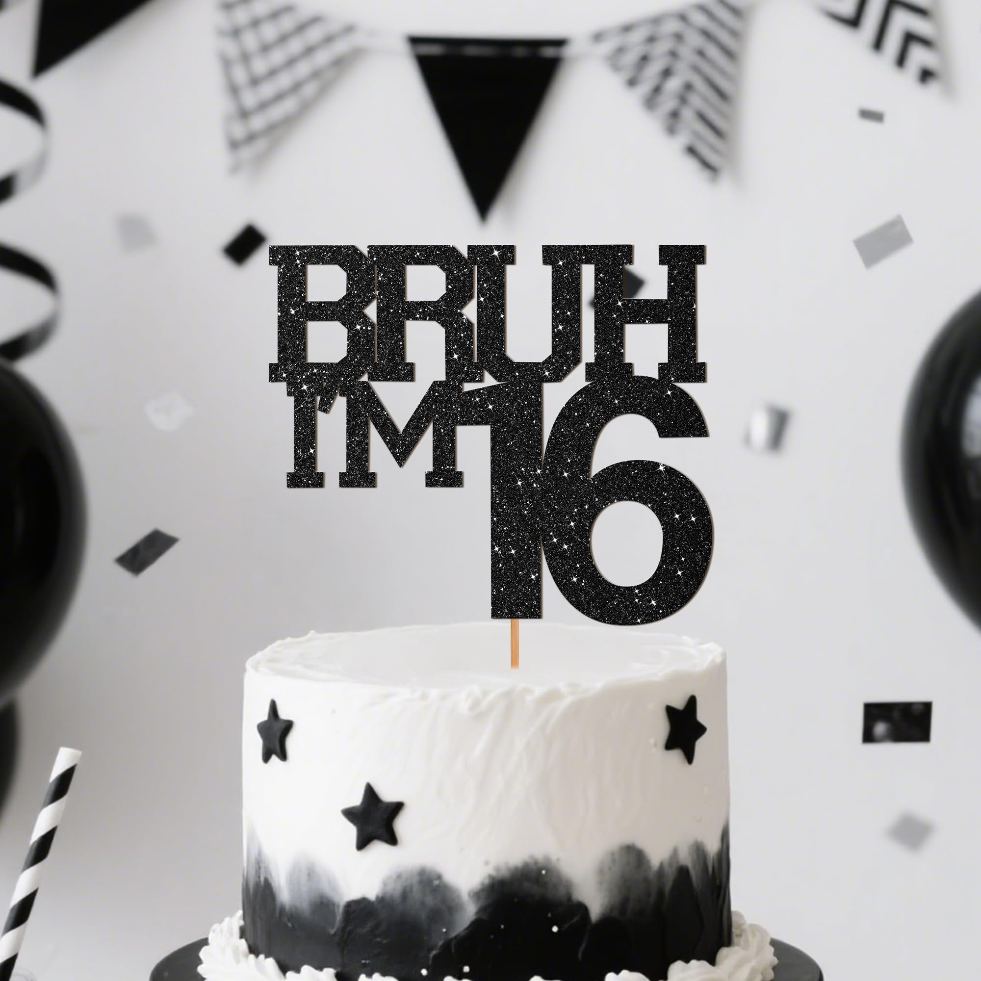 Black Glitter Bruh I'm 16 Birthday Cake Topper, Funny Happy Birthday Decorations for Boys Girls 16th Birthday Party Cake Decorations Supplies