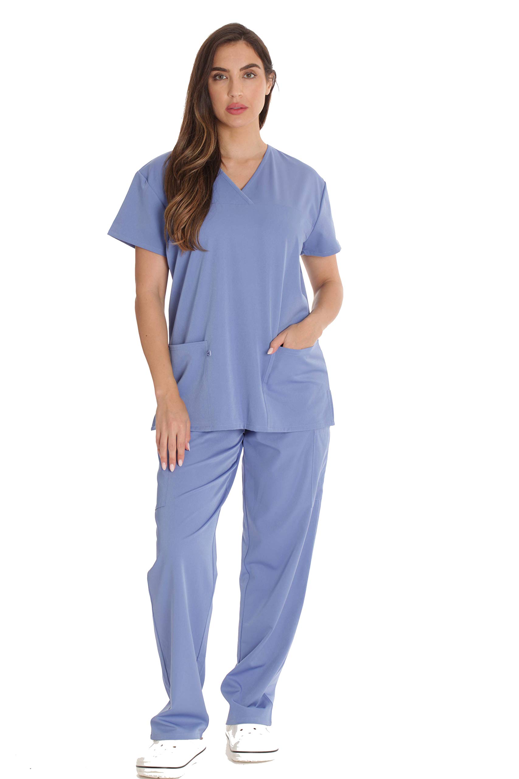 Just Love Solid Stretch Scrub Set for Women Stretchy Mock Wrap Top and Cargo Pants