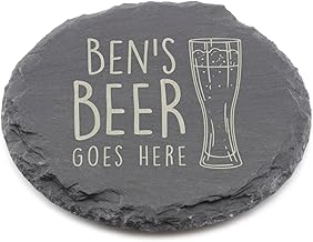 Personalised Slate Coaster - Your Beer Goes Here Design - Laser Engraved Circle Drinks Coaster Gift for Him Her Husband Dad - Wedding, Birthday, Anniversary or Christmas