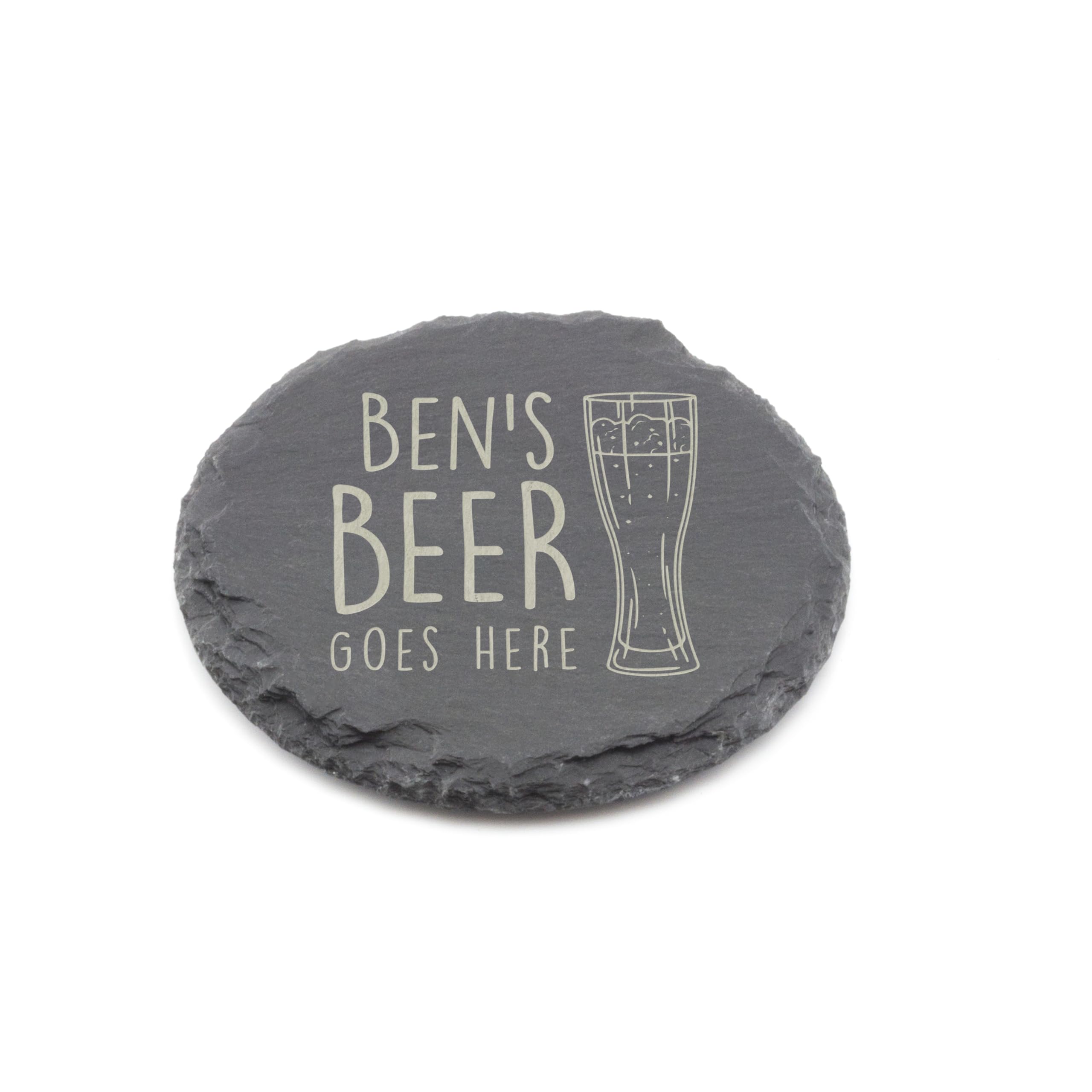 A1 Graphics Ltd Grey Personalised Slate Coaster - Your Beer Goes Here Design - Laser Engraved Circle Drinks Coaster Gift For Him Her Husband Dad - Wedding, Birthday, Anniversary Or Christmas