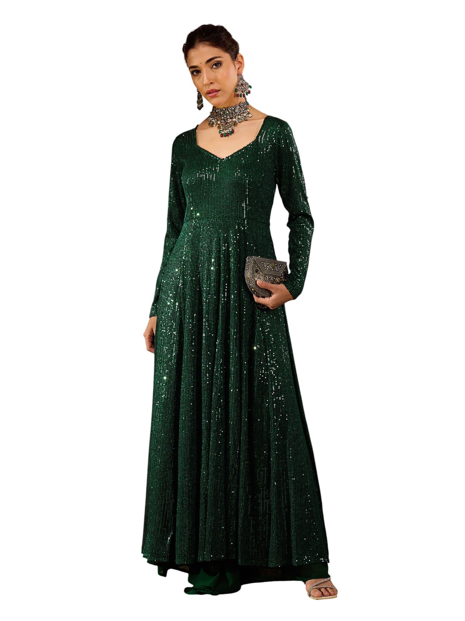 SASSAFRAS Womenâ€™s Anarkali Fit & Flared Full Sleeves Sequins Sweetheart Neck Dori Back Detail â€“ Festive Fusion Wear Kurtas in neutral