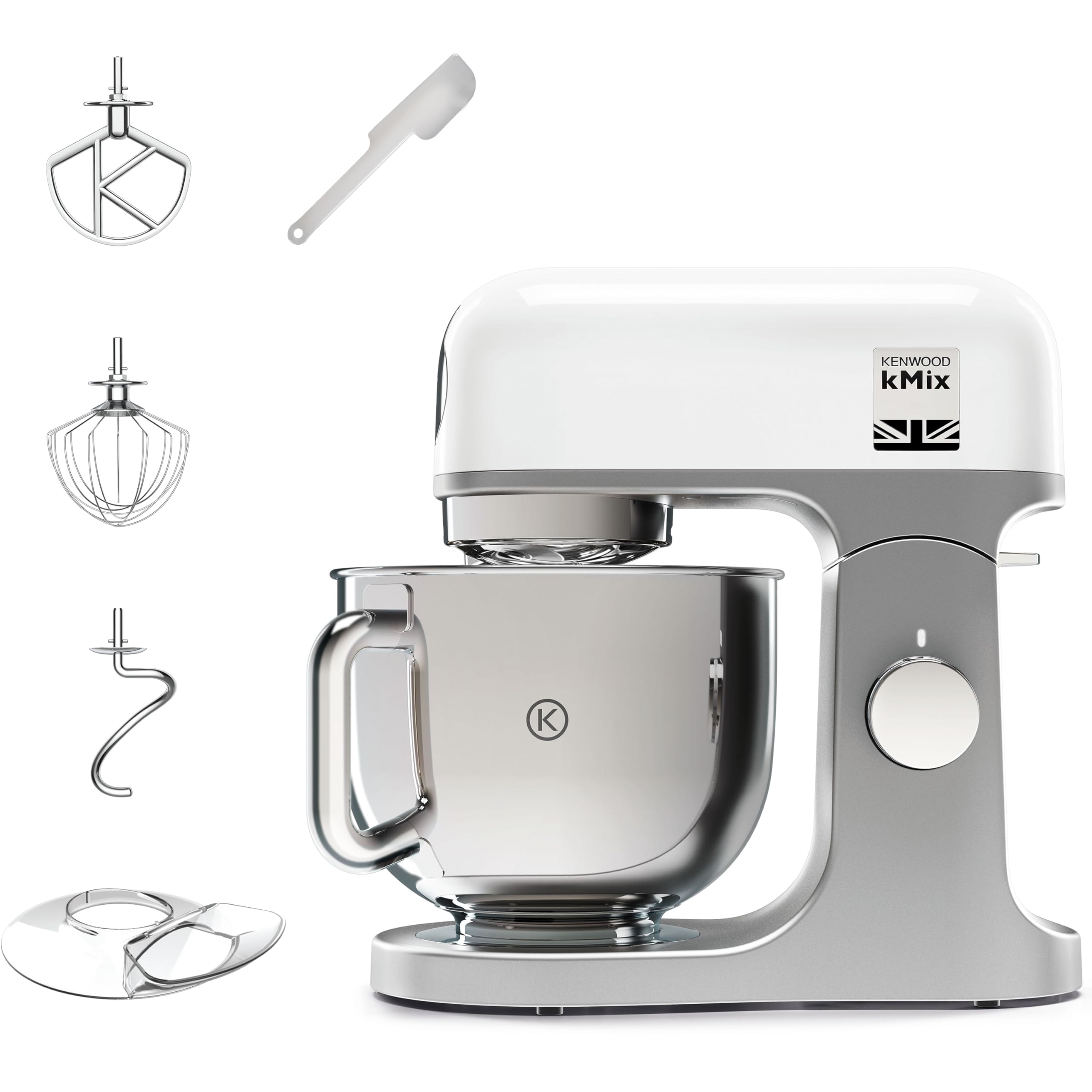 Kenwood kMix KMX750WH - Robot de Cocina Multifunción, 1000 W, Bol Metálico de 5 L con Asa, Gancho para Amasar, Varillas, Mezclado K, Acero Inoxidable, 6 Velocidades, Color Blanco