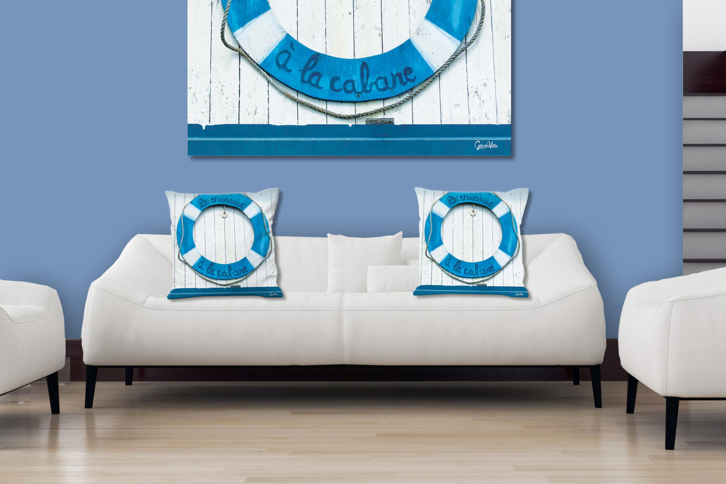 Bienvenue - Foto-Kissen-Hülle Set (2 STK.) 40 x 40 cm | Kissen-Bezüge - passend zu Wandbild - Deko-Kissen - Rettungsring willkommen maritim
